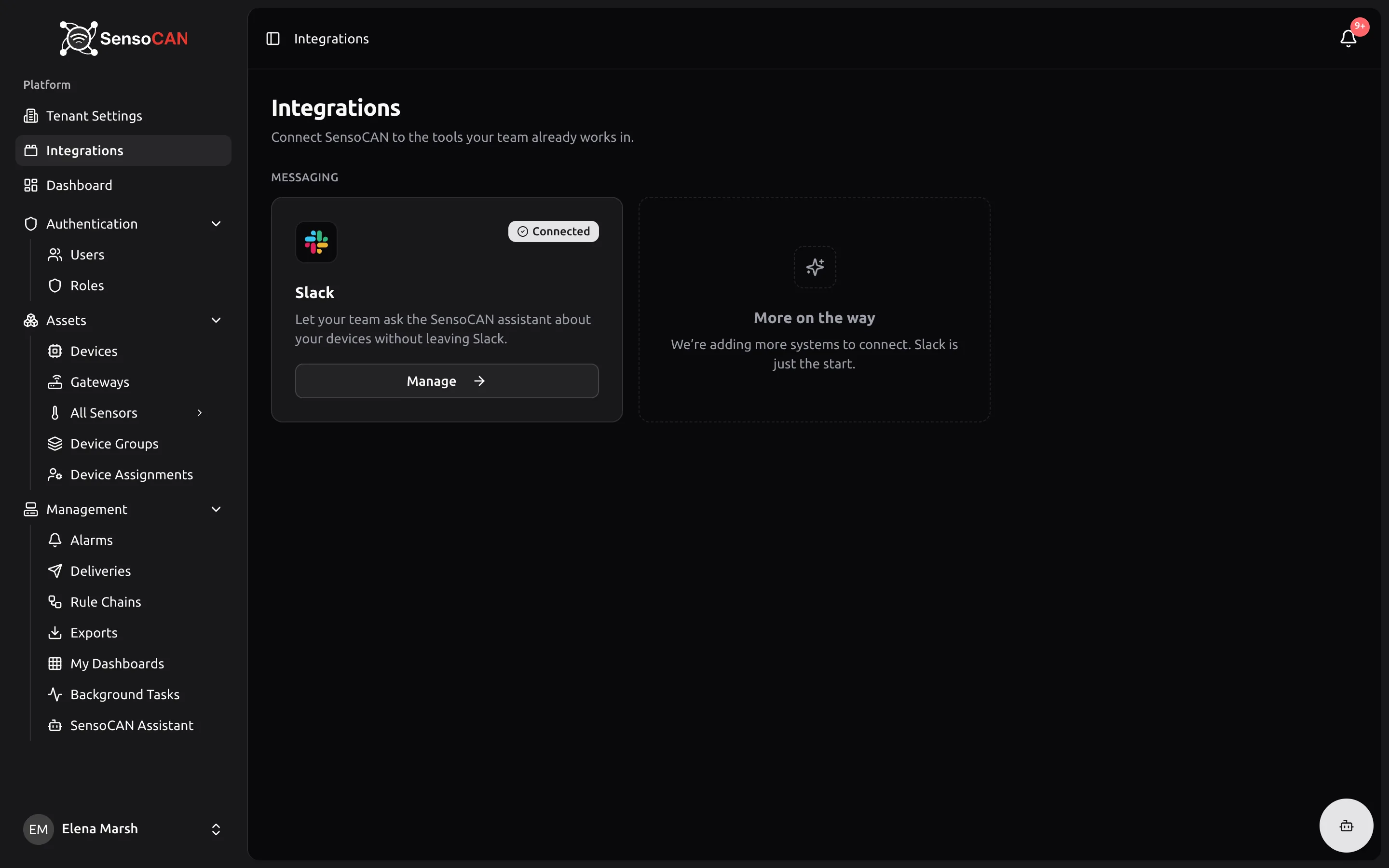 The Integrations page showing the Slack card with its status badge in the Messaging category, next to the More on the way placeholder card.