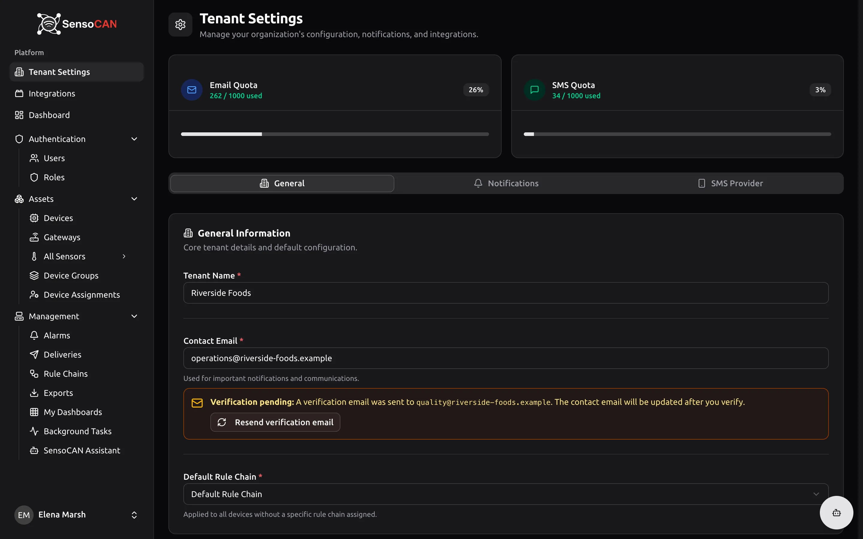 The organisation settings edit form on the General tab, showing Name, Contact Email with the Verification pending state, and Default rule chain.