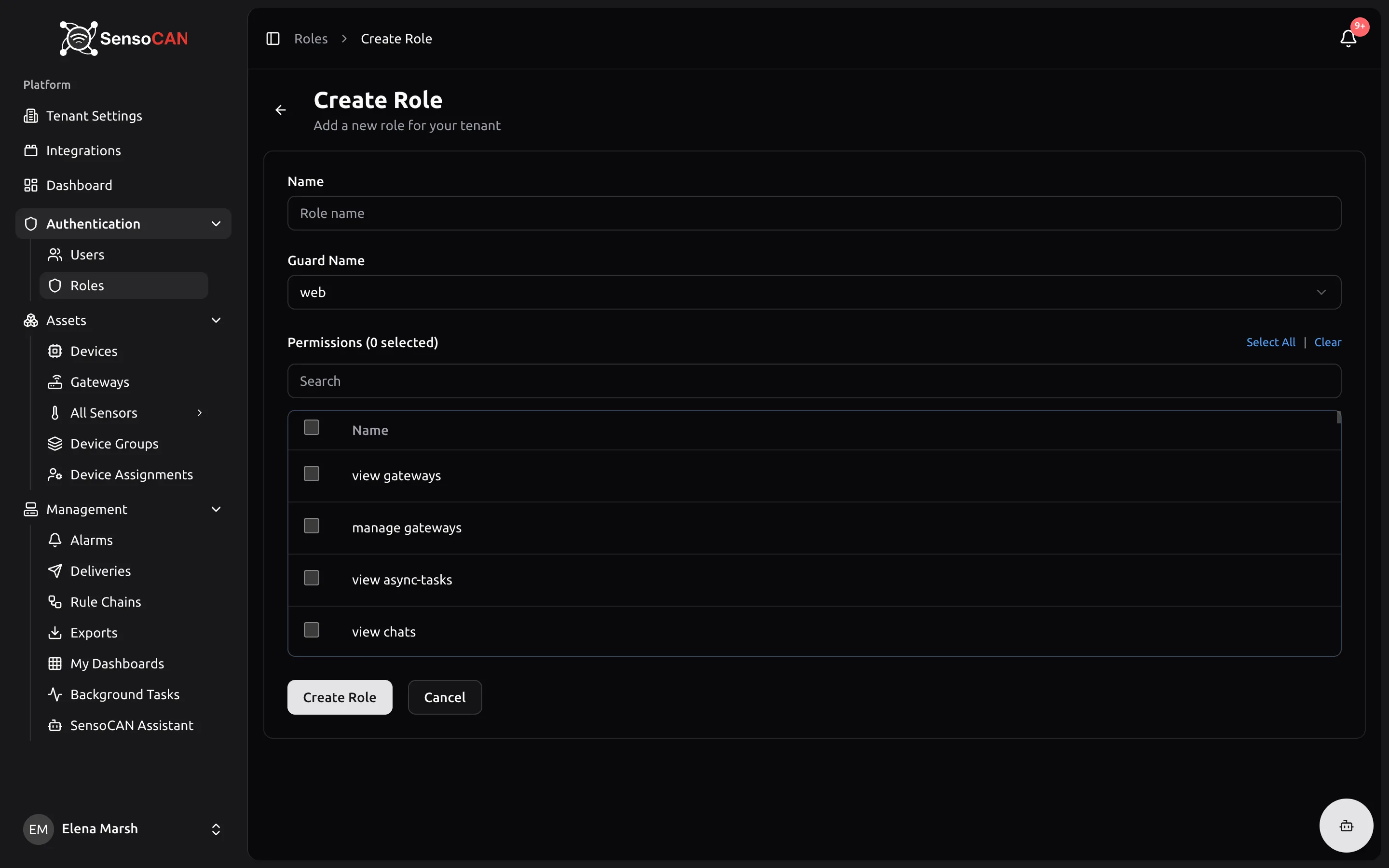 The Create Role screen with the Name field, the Guard Name selector set to web, and the searchable permissions picker.