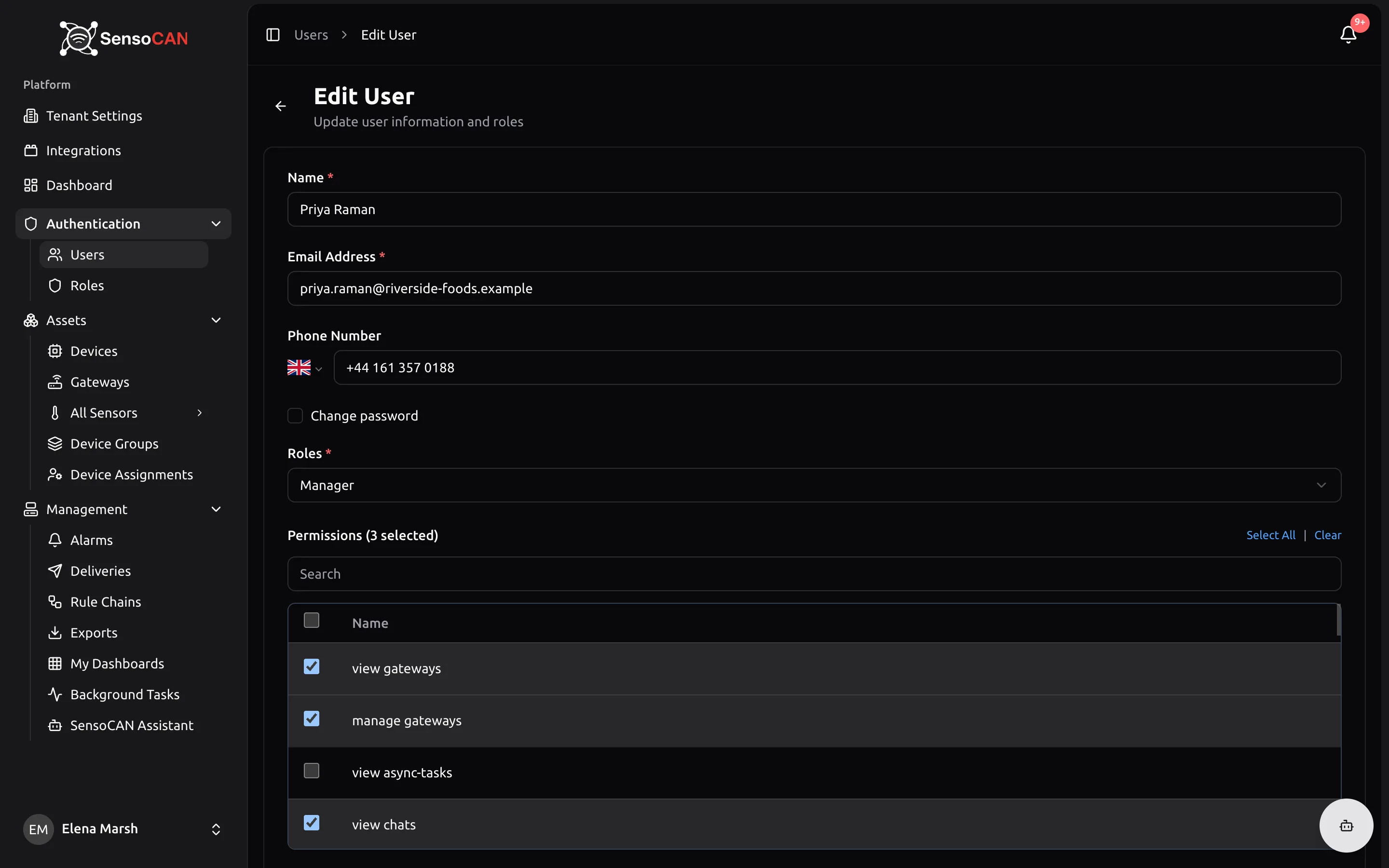 The Edit User screen showing the Roles selector, the additional Permissions multi-select and the Change password checkbox.