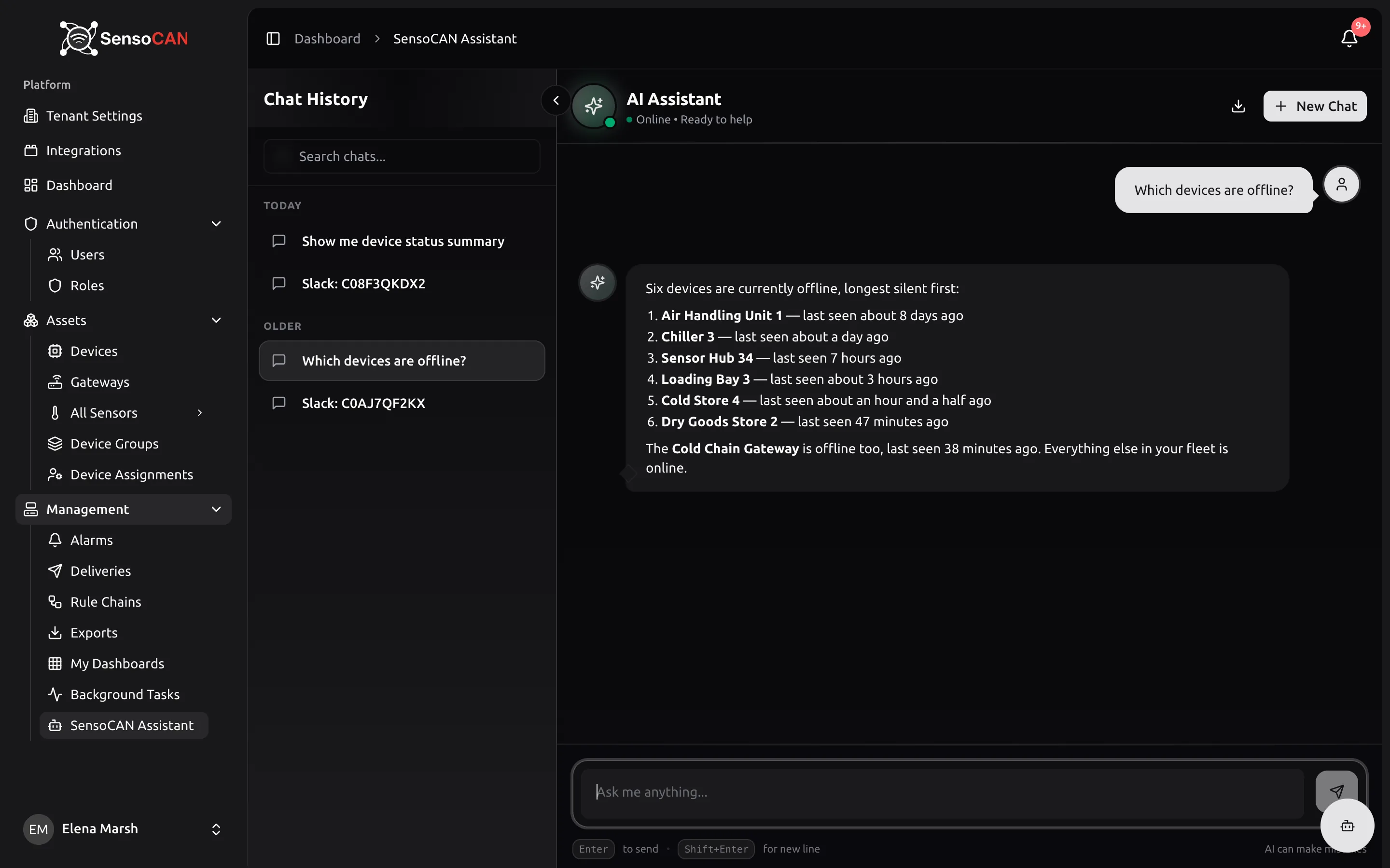 An assistant answer listing offline devices with their last-seen times