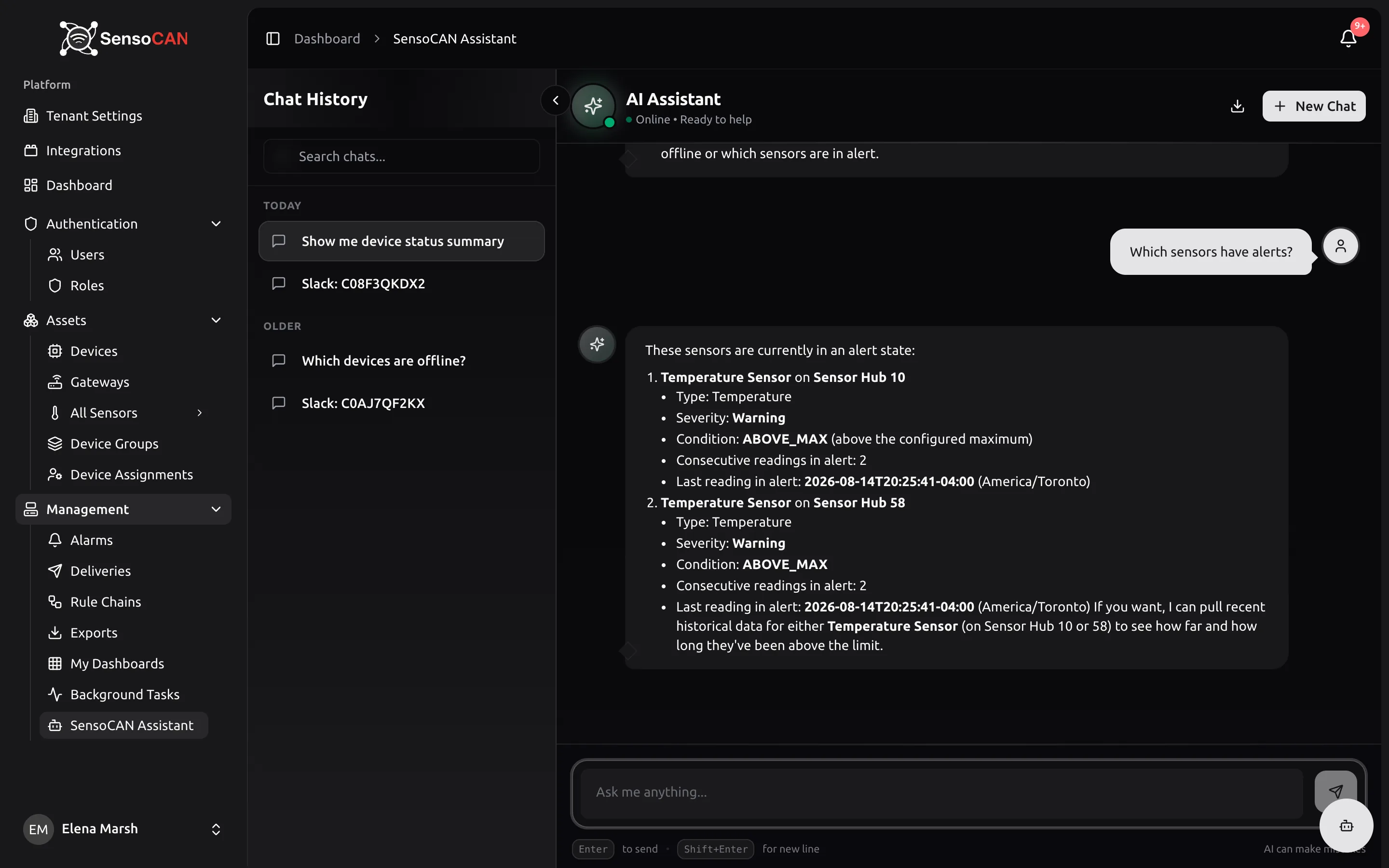 The AI Assistant chat page mid-conversation: a question asking which sensors are outside their thresholds, and the answer below it listing two sensors with their severities, with the Chat History panel on the left.