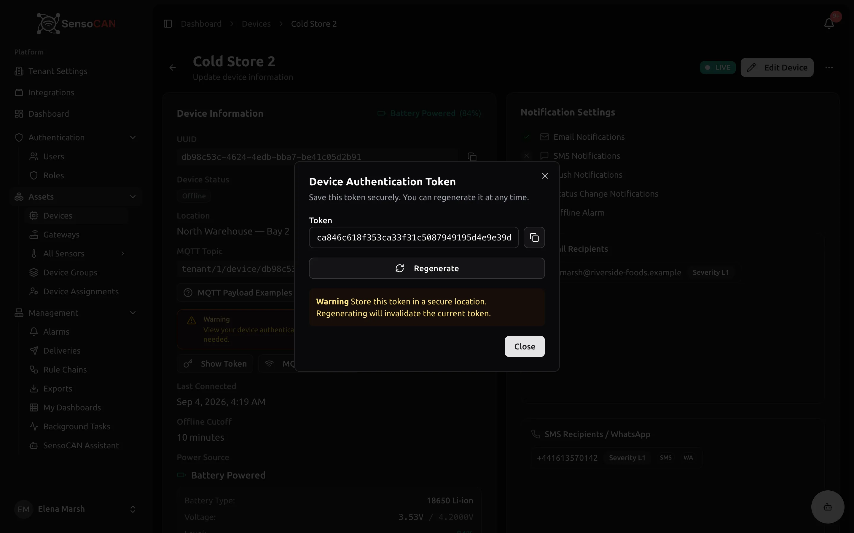 Device Details after pressing Show Token: the device token dialog open with the access token visible and its copy button, so the reader can see where the Bearer token comes from.