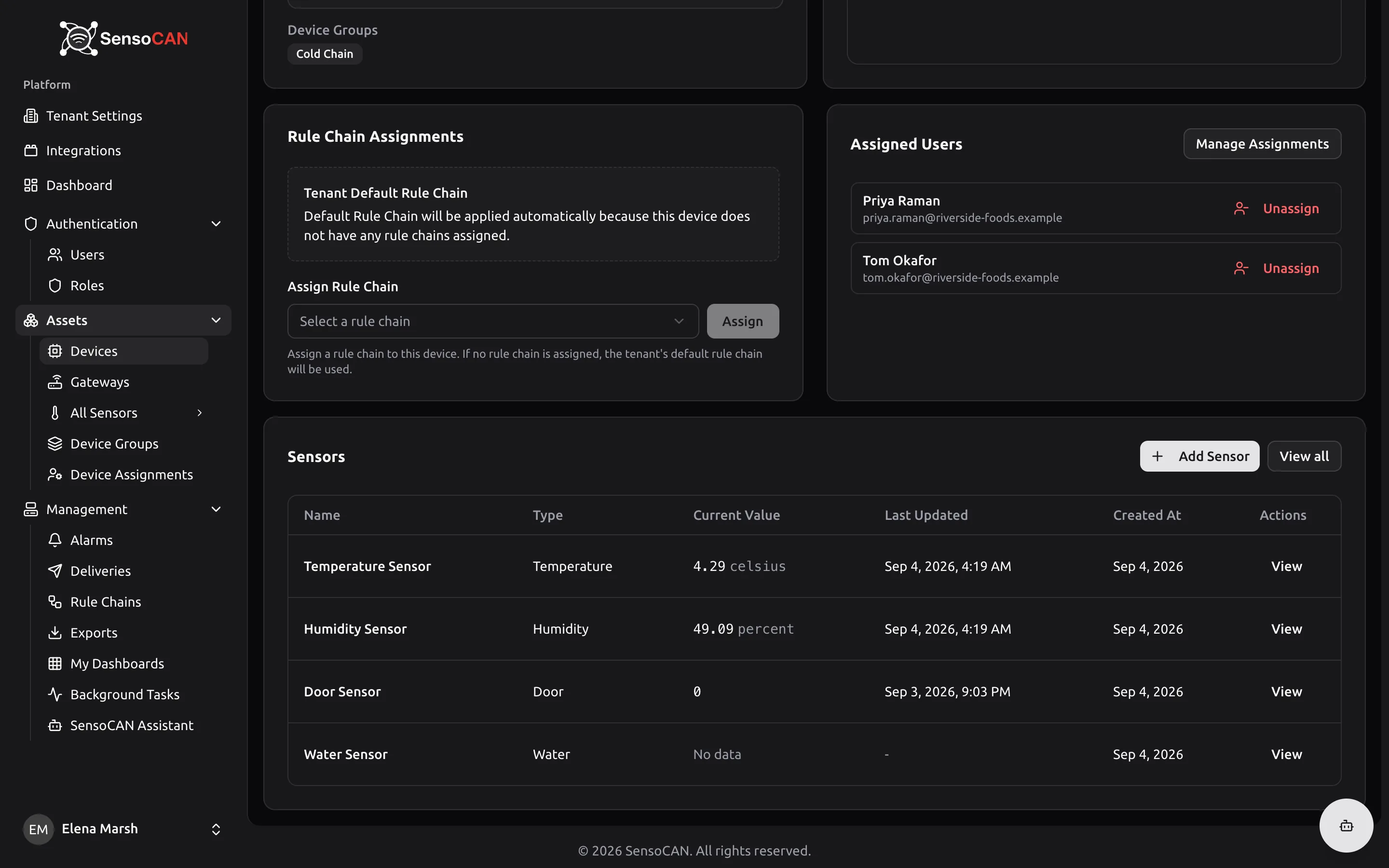 The Sensors table on Device Details showing at least one sensor with a Current Value and a Last updated timestamp, and one sensor still reading 'No data', so the difference is visible side by side.