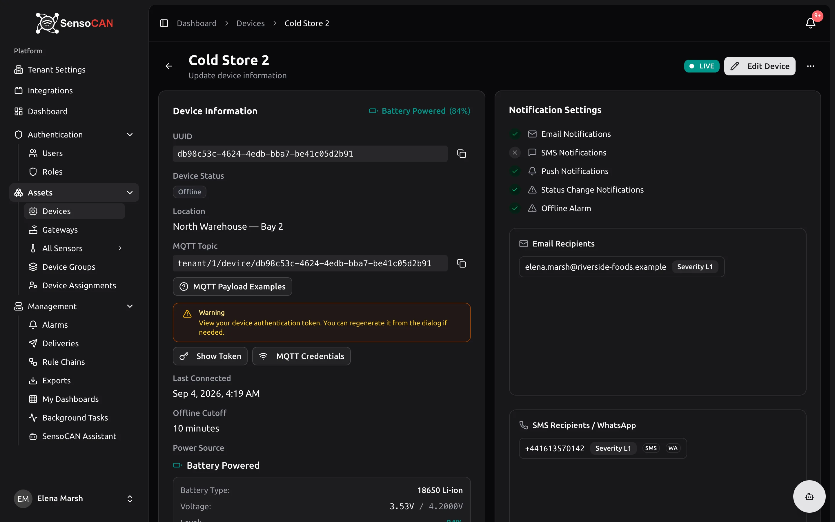 Device Details for a standard (non-gateway) device with the Device Information card in view: the Device UUID and its copy button, the device status badge, the MQTT topic with its copy button and the MQTT Payload Examples button, and the Show Token and MQTT Credentials buttons.