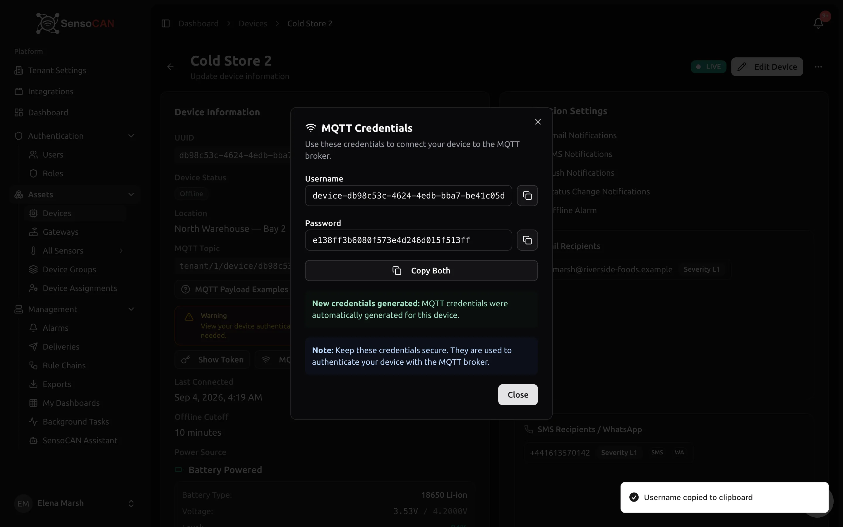 The MQTT Credentials dialog open on Device Details for a standard (non-gateway) device, showing the Username and Password fields with their copy buttons and the Copy both button.
