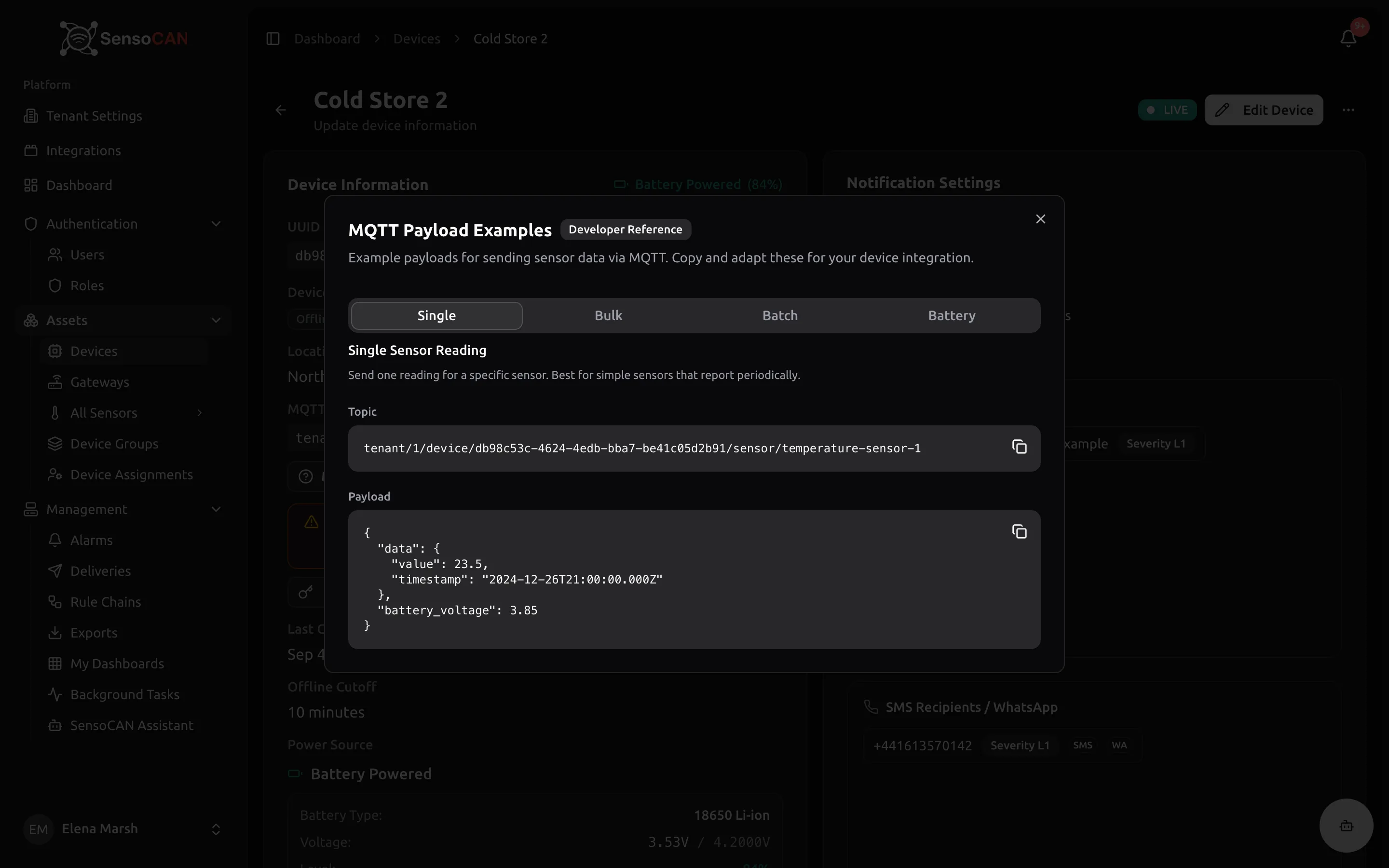 The MQTT Payload Examples dialog on Device Details with the Single tab selected, showing the generated topic and the JSON payload for a device that has at least one sensor.