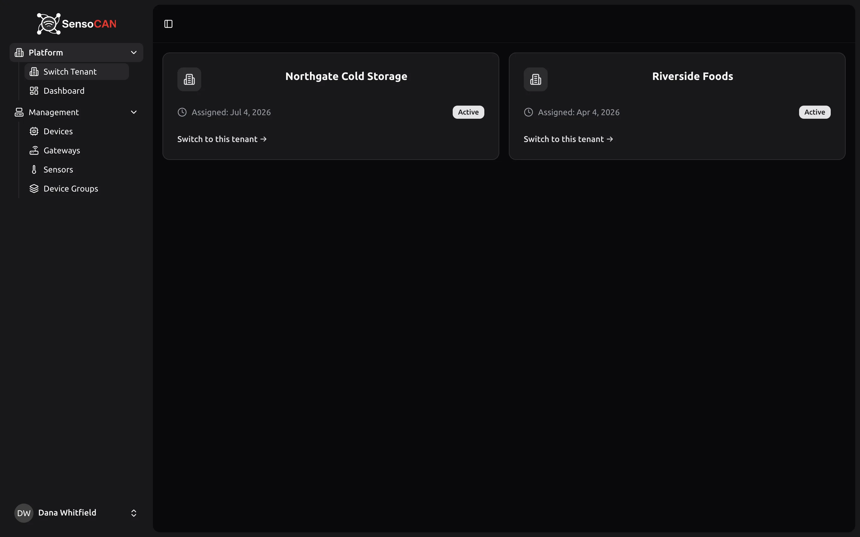 The Select Tenant page listing assigned organisations with their status, assignment date, the Active badge on the current one and the Switch to this tenant link.