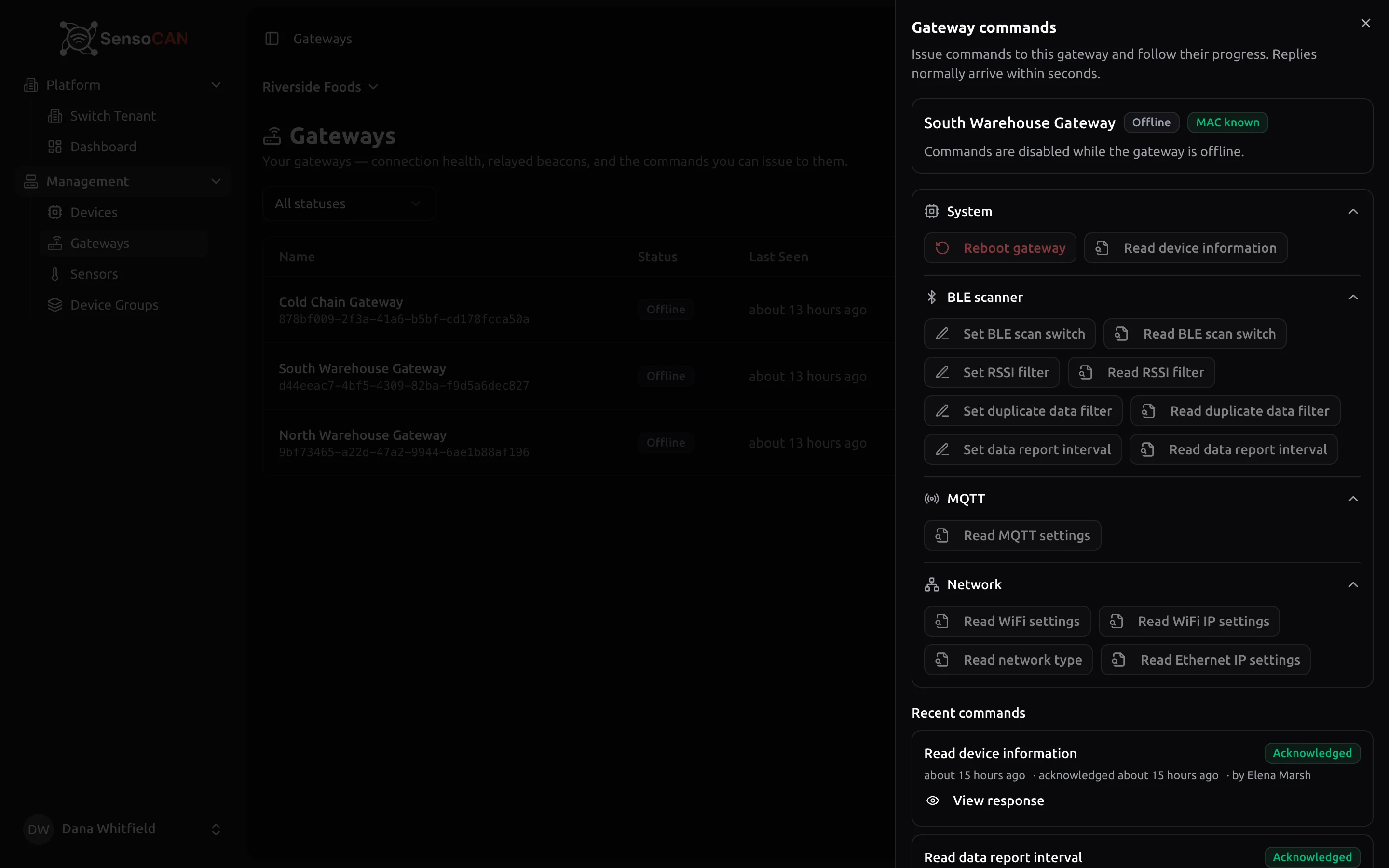 The consultant Gateways page with the gateway command drawer open, showing the command groups and the recent command history with status badges.