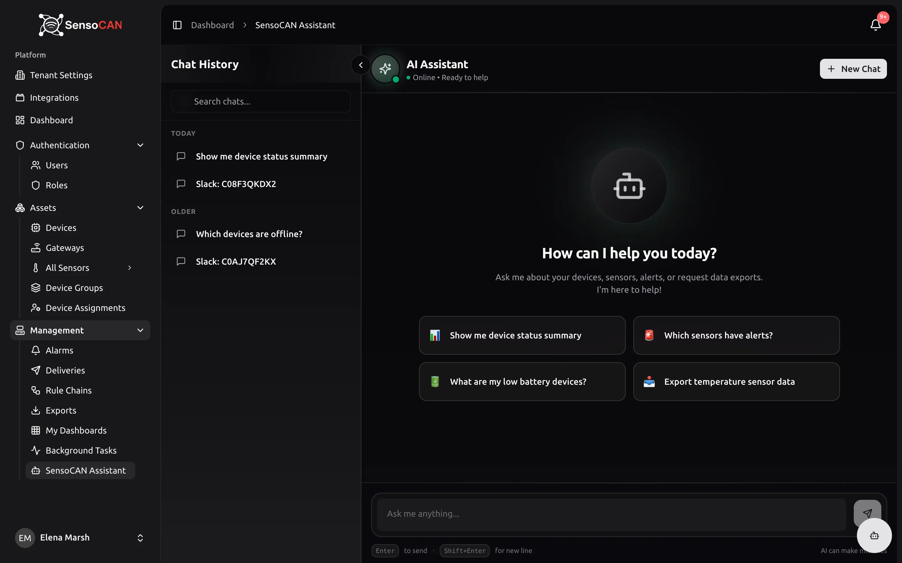 The AI Assistant page as it opens for the first time: the empty How can I help you today? state with its suggestion chips, the Ask me anything input box below, and an empty Chat History panel on the left.