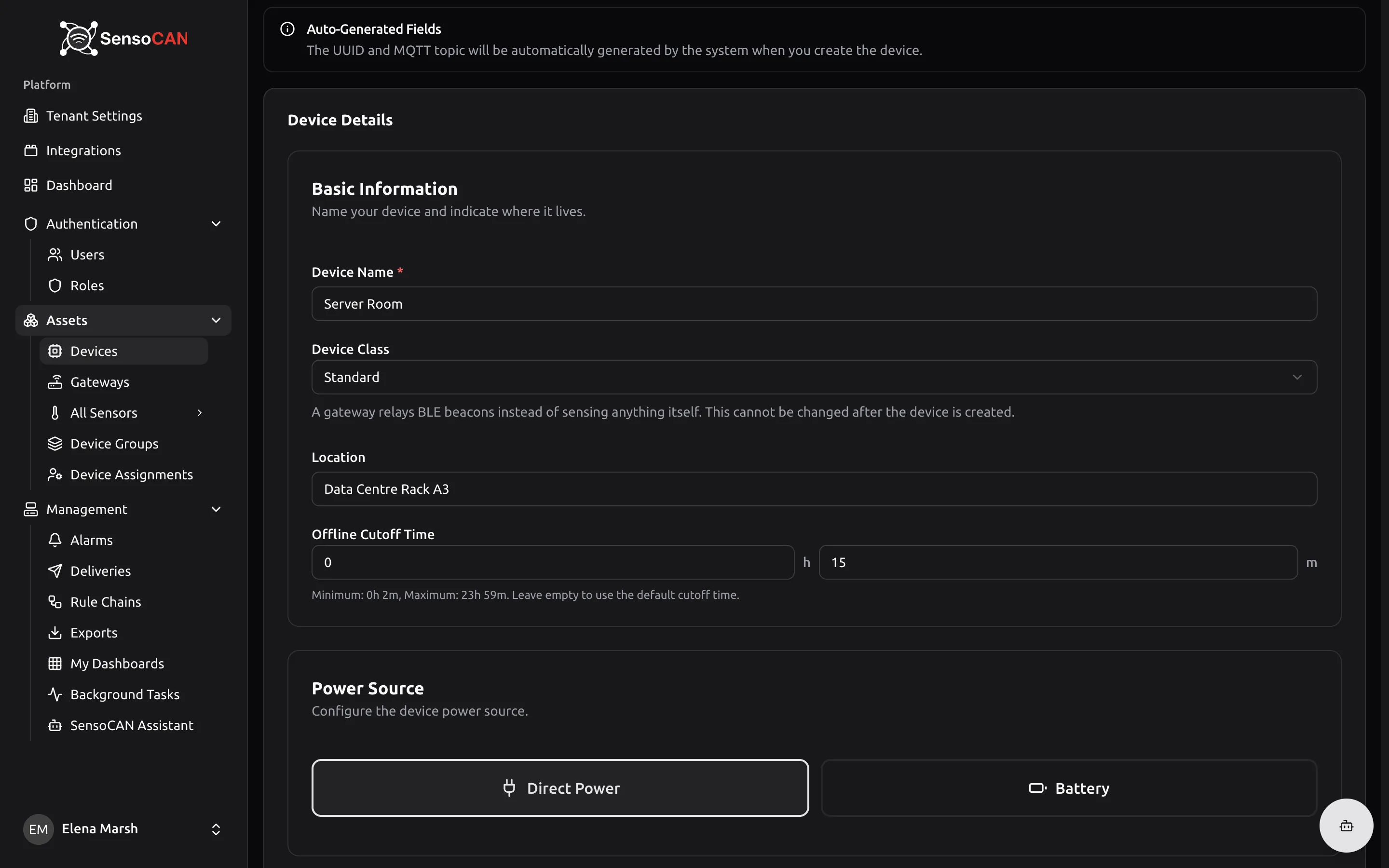 The Create Device page: the Basic Information card with Device Name, Device Class set to Standard, Location and Offline Cutoff Time filled in, and the Power Source card below set to Battery with a battery type chosen.