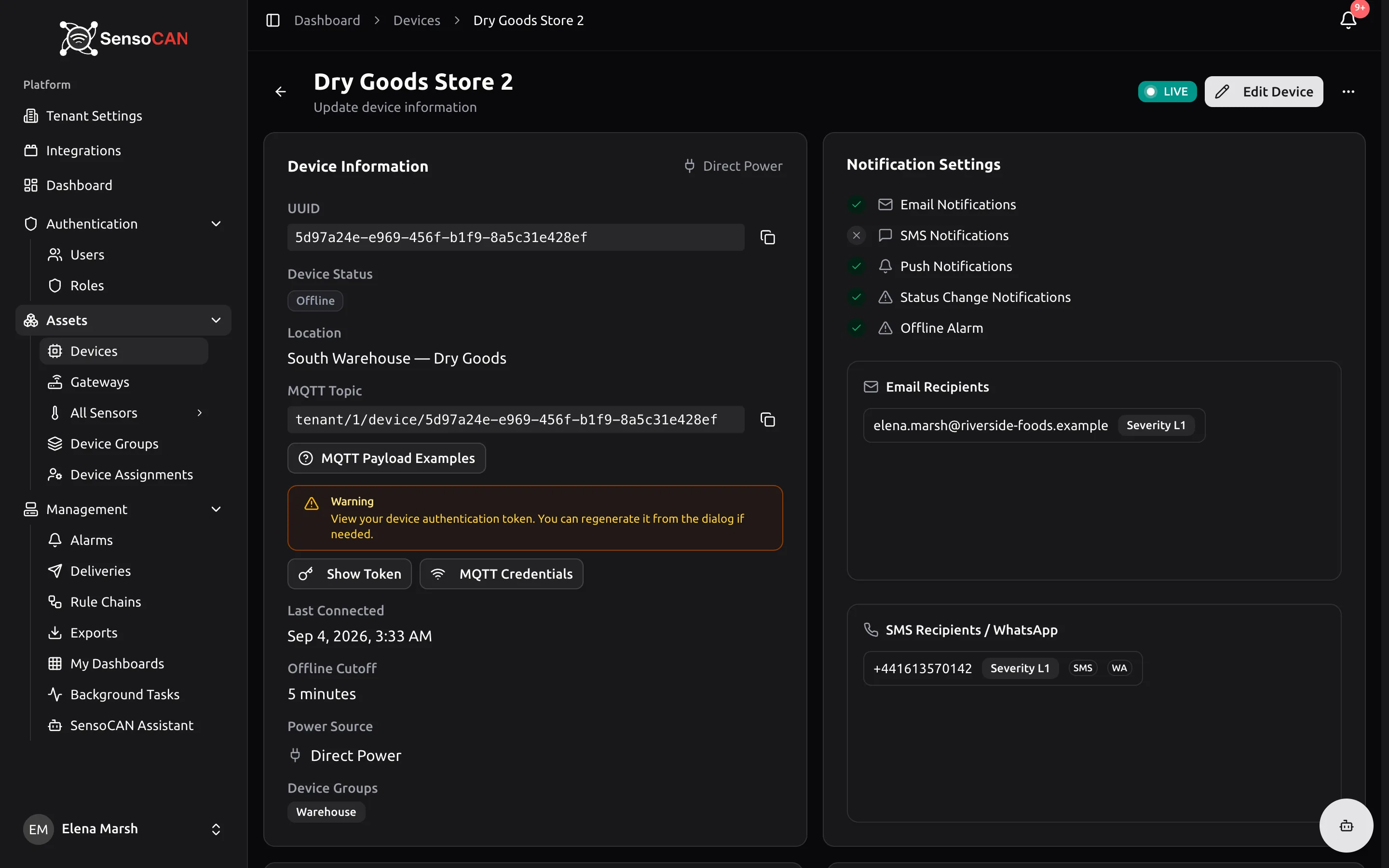 The Device Information card on a newly created device: the Device UUID and its copy button, the Device Status badge reading Offline, the MQTT Topic with its copy button and the MQTT Payload Examples button, and the Show Token and MQTT Credentials buttons.