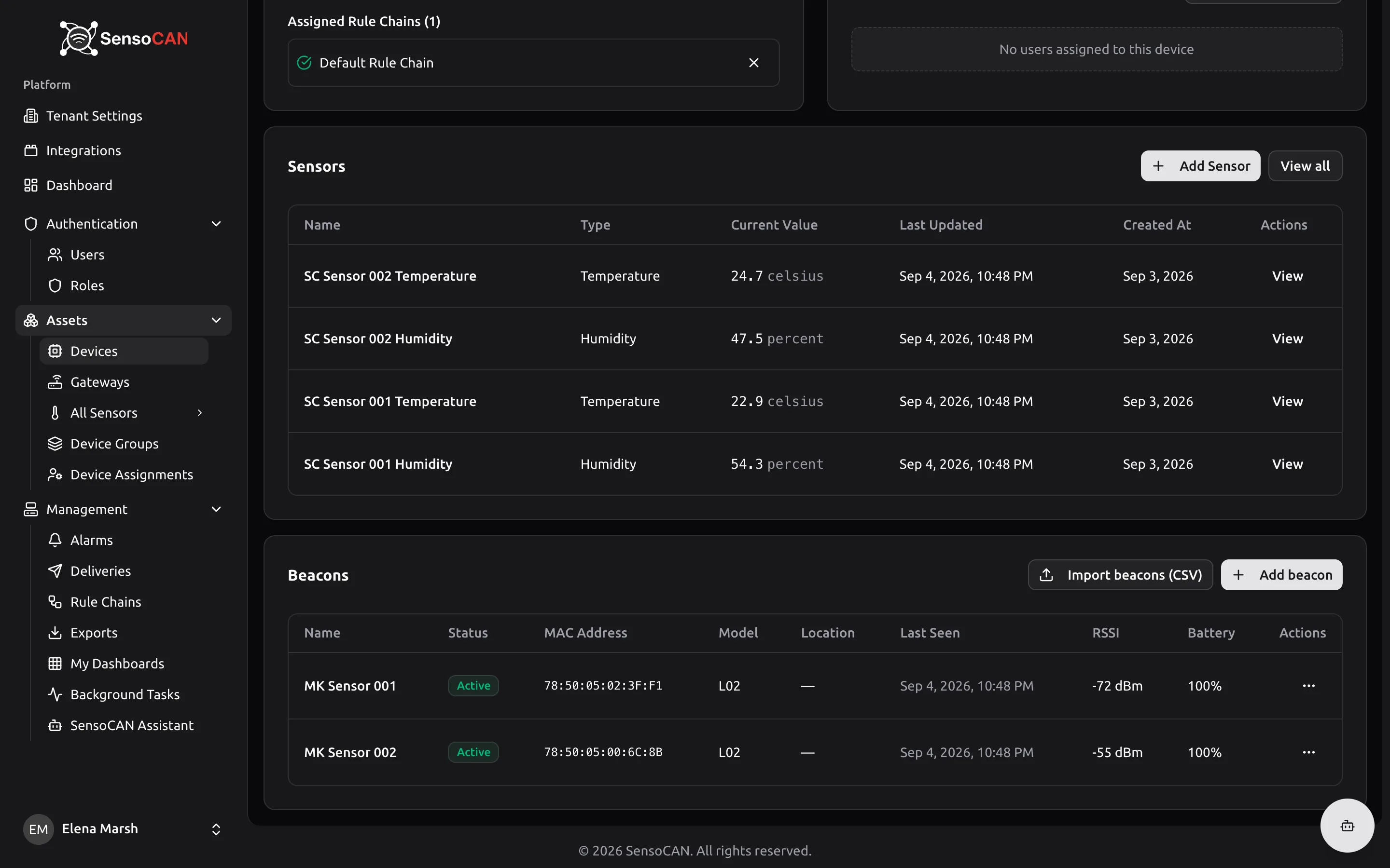 The Sensors card after the first readings have landed: each sensor row showing its name, type, Current Value with its unit, and the Last updated time, with the View link at the end of the row.