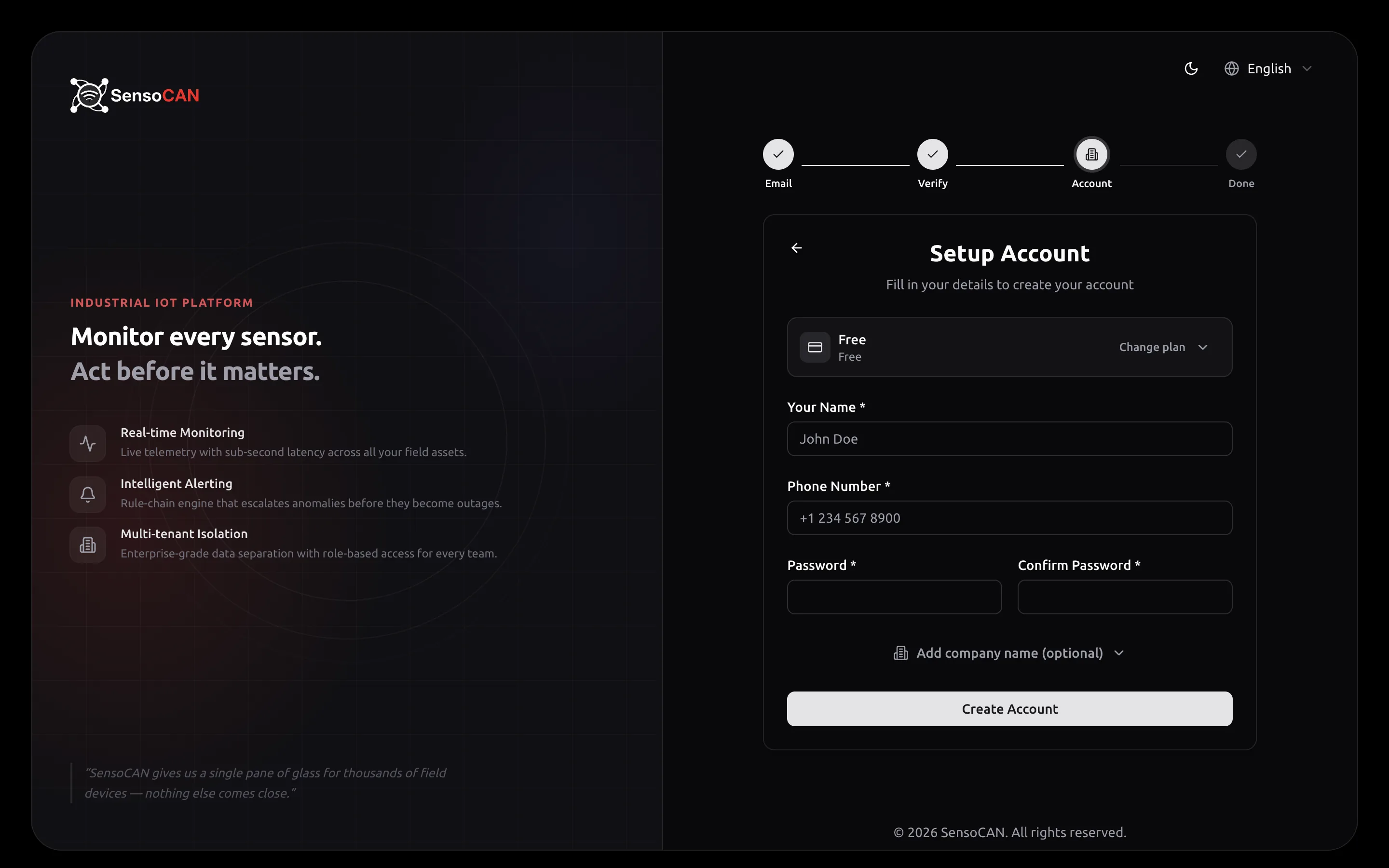 The Setup Account step of the sign-up wizard, with Email and Verify already ticked in the stepper: the Your Name, Phone Number, Password and Confirm Password fields, the collapsed Add company name (optional) section below them, and the Create Account button at the bottom.