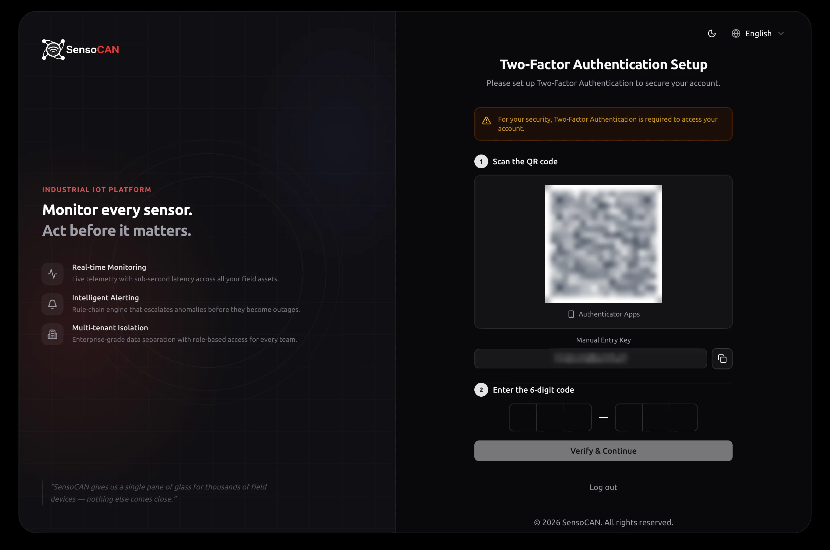 The Two-Factor Authentication Setup page showing the security notice, step 1 Scan the QR code with the QR image and the Manual Entry Key and its copy button below it, and step 2 Enter the 6-digit code with the six boxes and the Verify & Continue button.