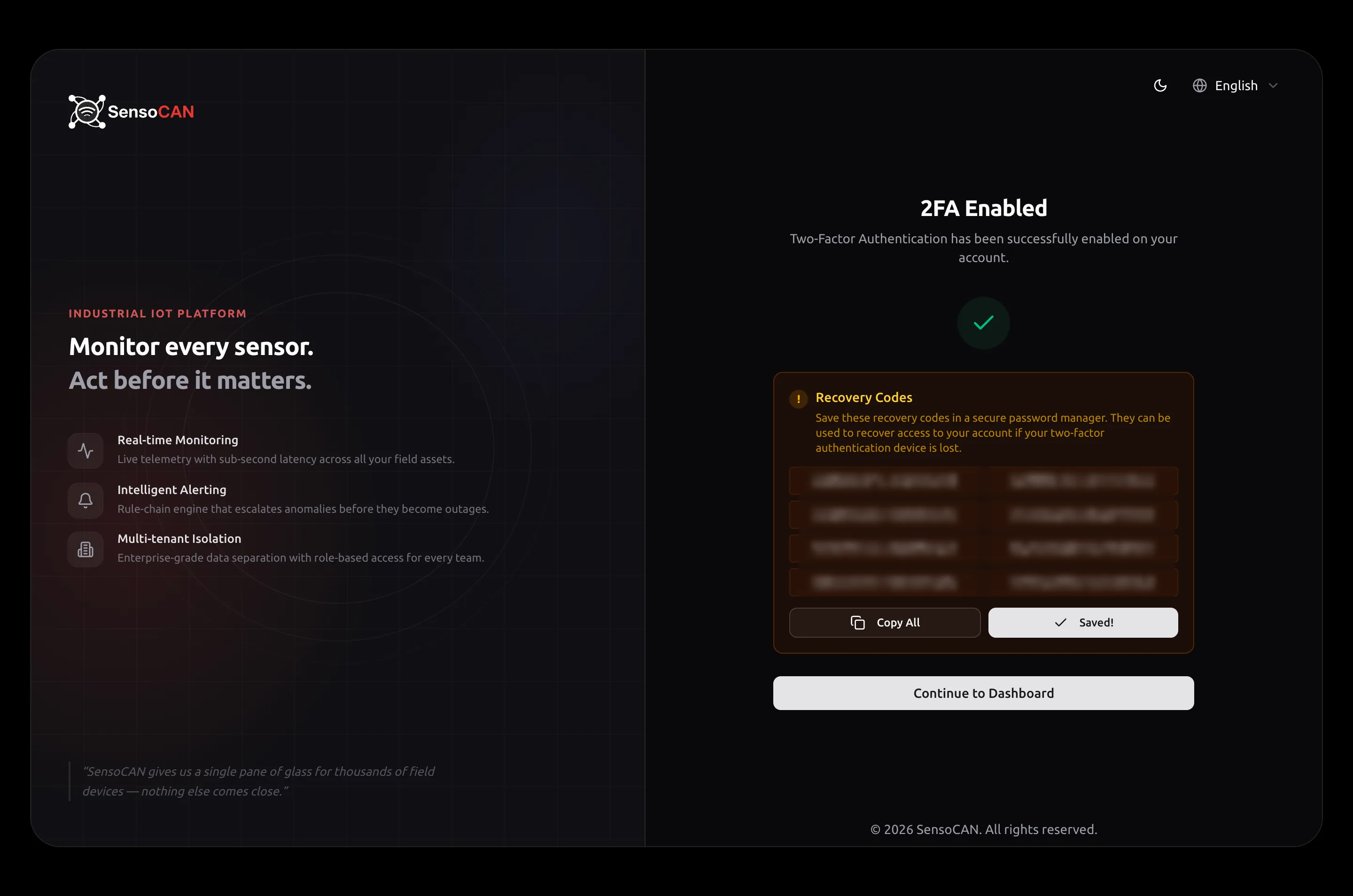 The 2FA Enabled step after confirming: the green tick, the Recovery Codes panel with its Copy All button and the confirmation button now reading Saved!, and the Continue to Dashboard button active below them.