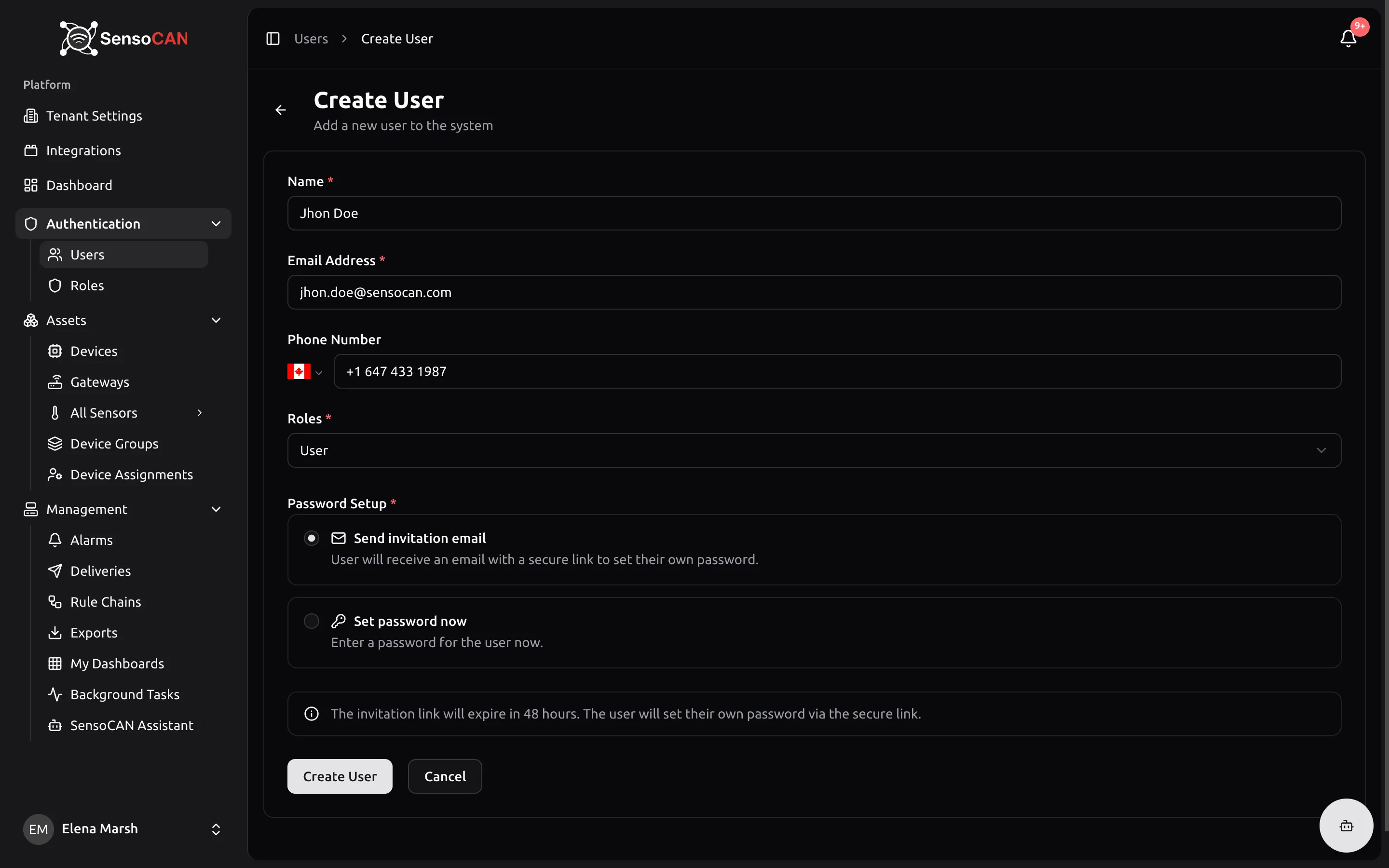 The Create User page with Name, Email and Phone Number filled in, a role chosen in the Roles field, and the Password Setup section with Send invitation email selected and its 48-hour note visible.