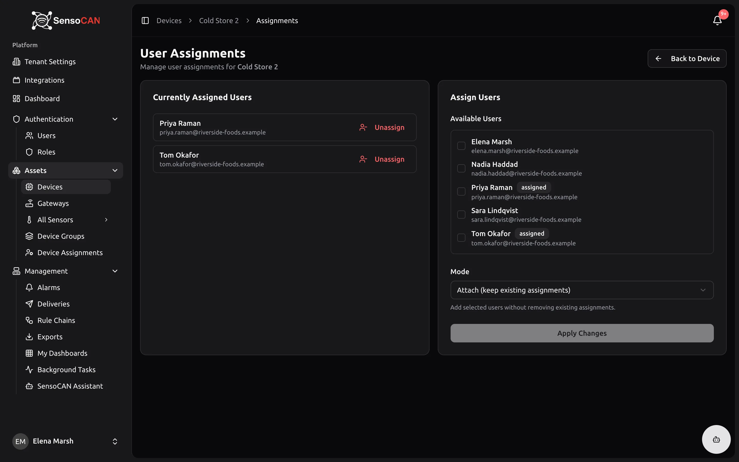 The per-device User Assignments page: the Currently Assigned Users card listing two users with Unassign buttons, and the Assign Users card with its checklist and the Mode select showing Attach, Detach and Sync.