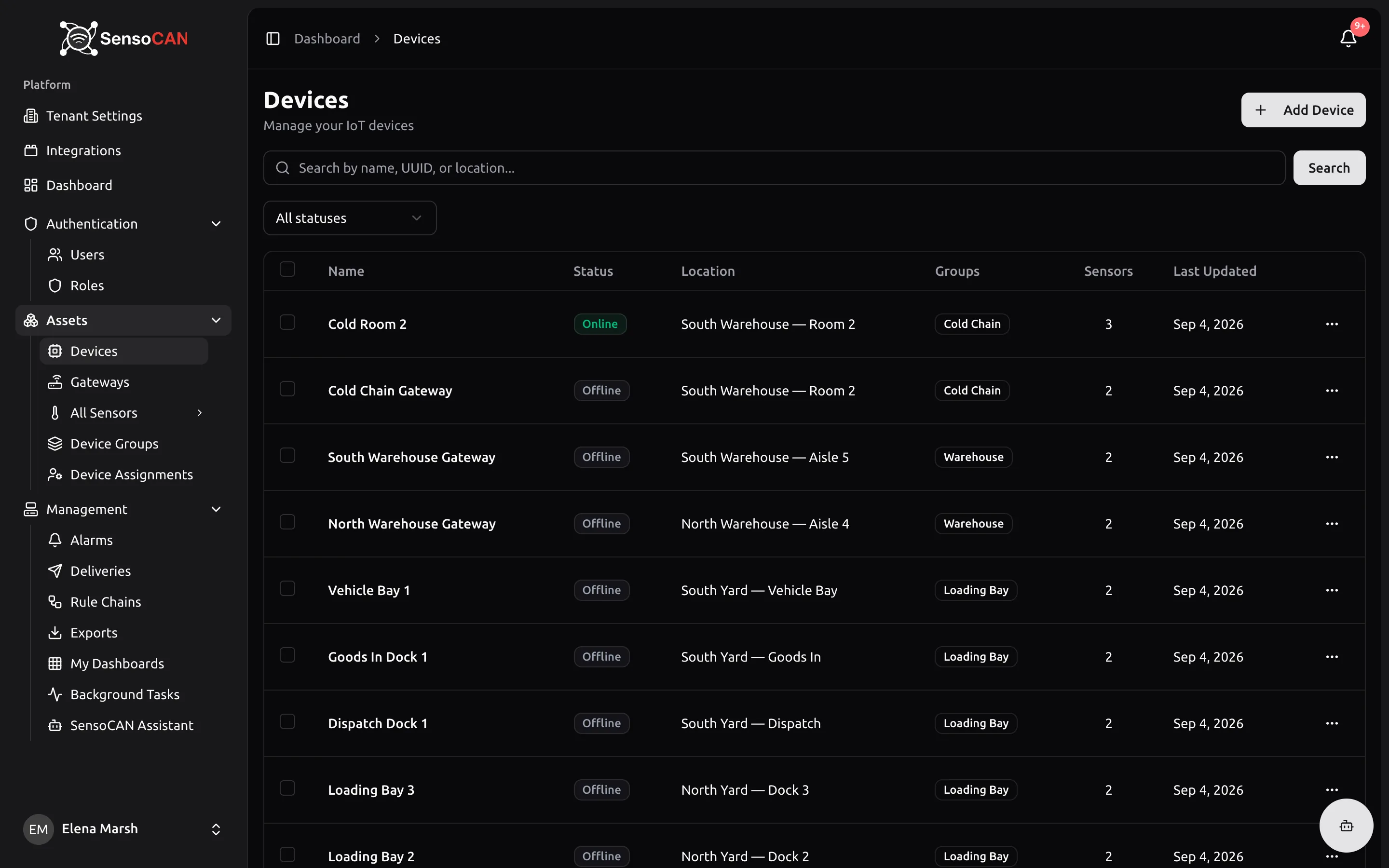 The Devices list for a mixed fleet: rows in the default health order with Online, Error and Offline status badges, the Groups column showing group badges, the Sensors count and Last Updated columns, and the Add Device button in the header.