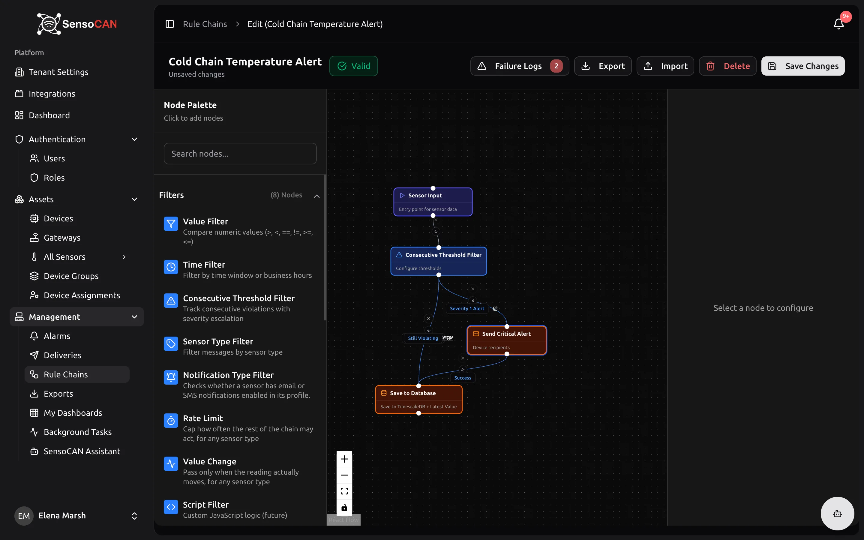 The rule chain editor with a saved chain on the canvas: the Sensor Input node connected to a Consecutive Threshold Filter whose Severity 1 Alert output runs to a Send Email node and whose other outputs run to Save to Database, with the Node Palette open on the left and the validation chip reading Valid.
