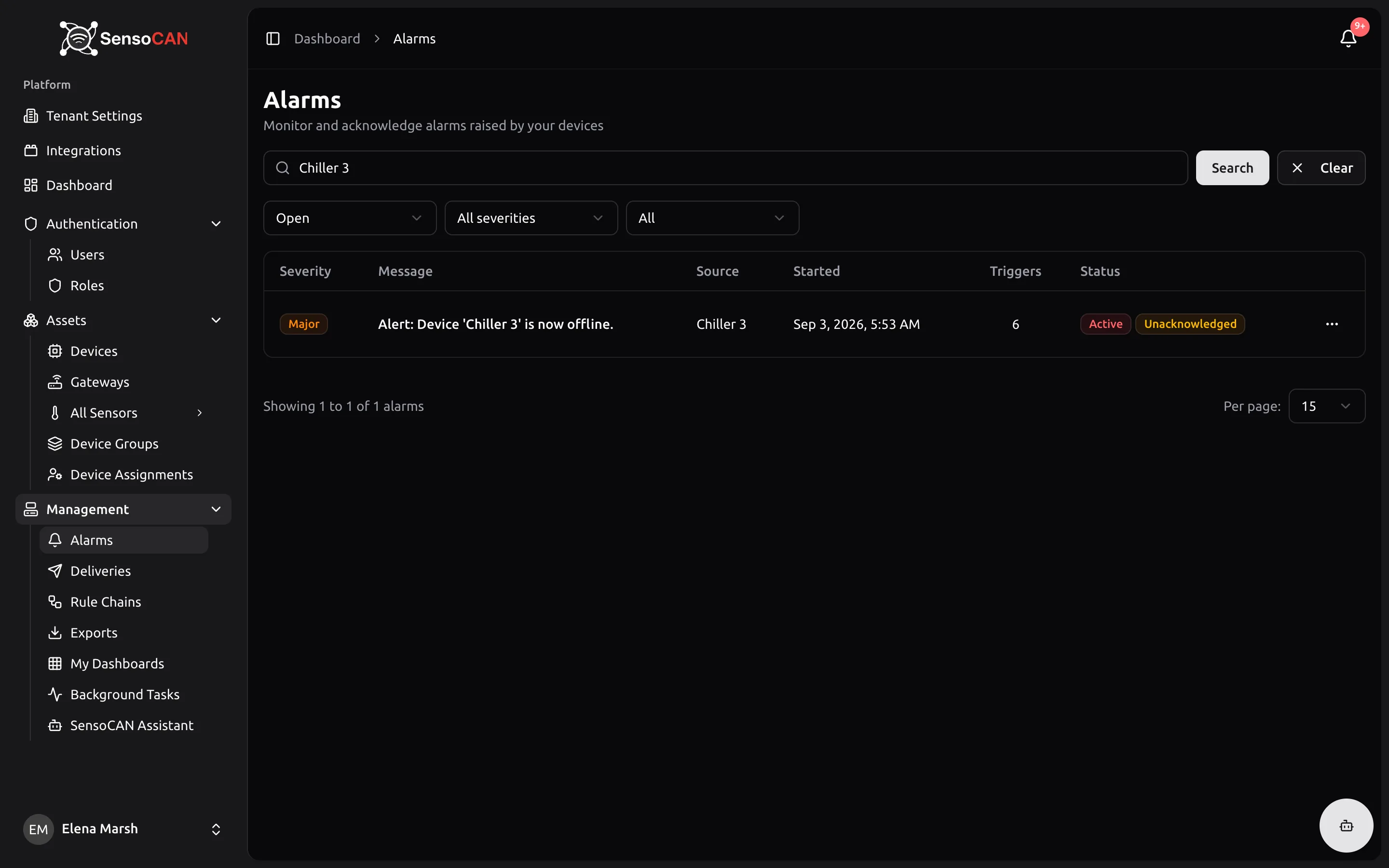 The Alarms page filtered to Open, showing a device offline alarm at Major severity with an Active badge and an Unacknowledged badge, a trigger count above one, and the row menu open on the Acknowledge action.