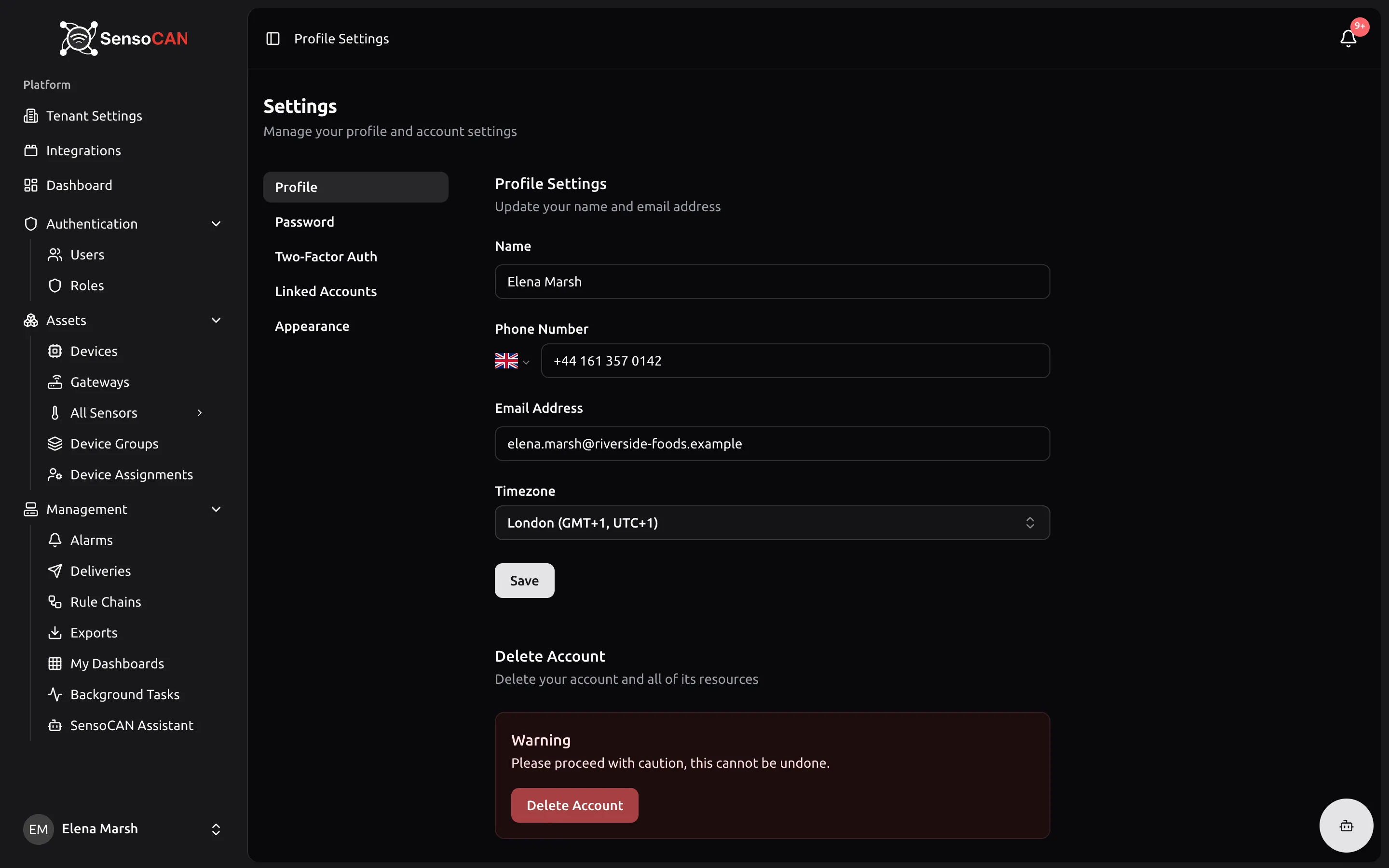 The Profile page under Settings with the settings sidebar showing Profile, Password, Two-Factor Auth, Linked Accounts and Appearance, the Name, Phone Number and Email fields filled in, the Timezone picker below them, and the Save button.