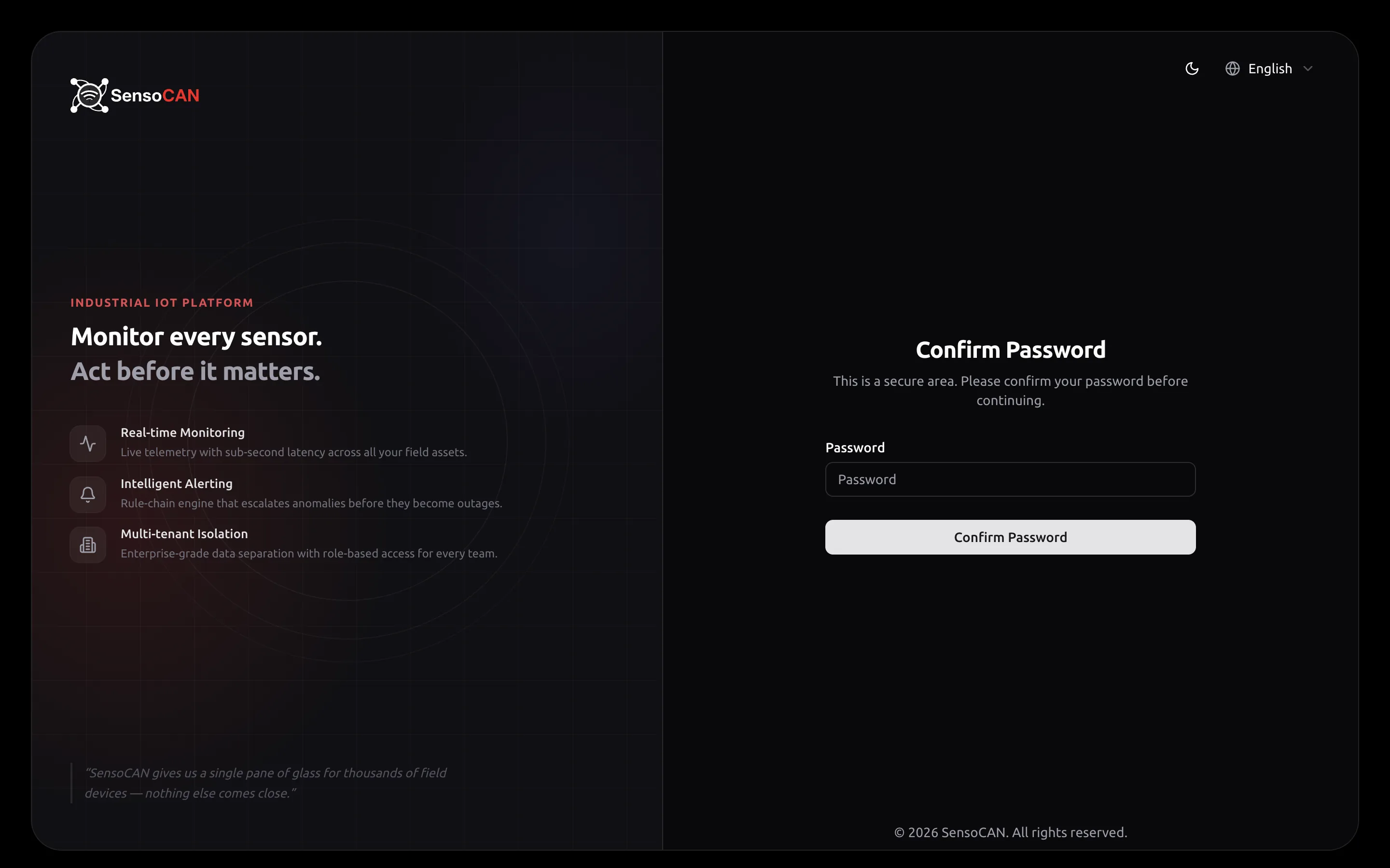 The Confirm Password screen that guards the Two-Factor Auth page — 'This is a secure area. Please confirm your password before continuing.' — with the Password field and the Confirm Password button below it.