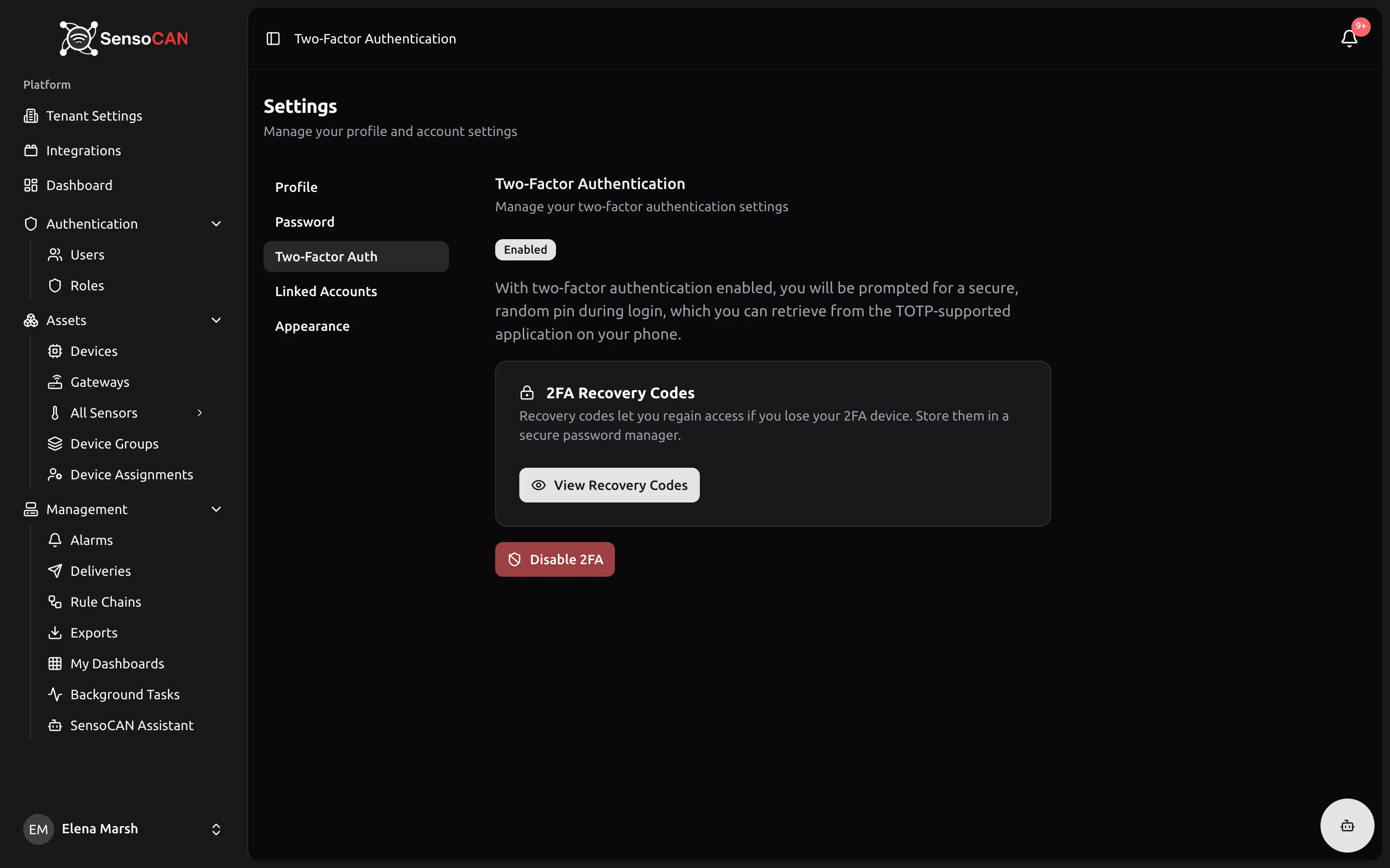 The Two-Factor Auth page with two-factor already enabled: the Enabled badge, the 2FA Recovery Codes card with its View Recovery Codes and Regenerate Codes buttons, and the Disable 2FA button below them.