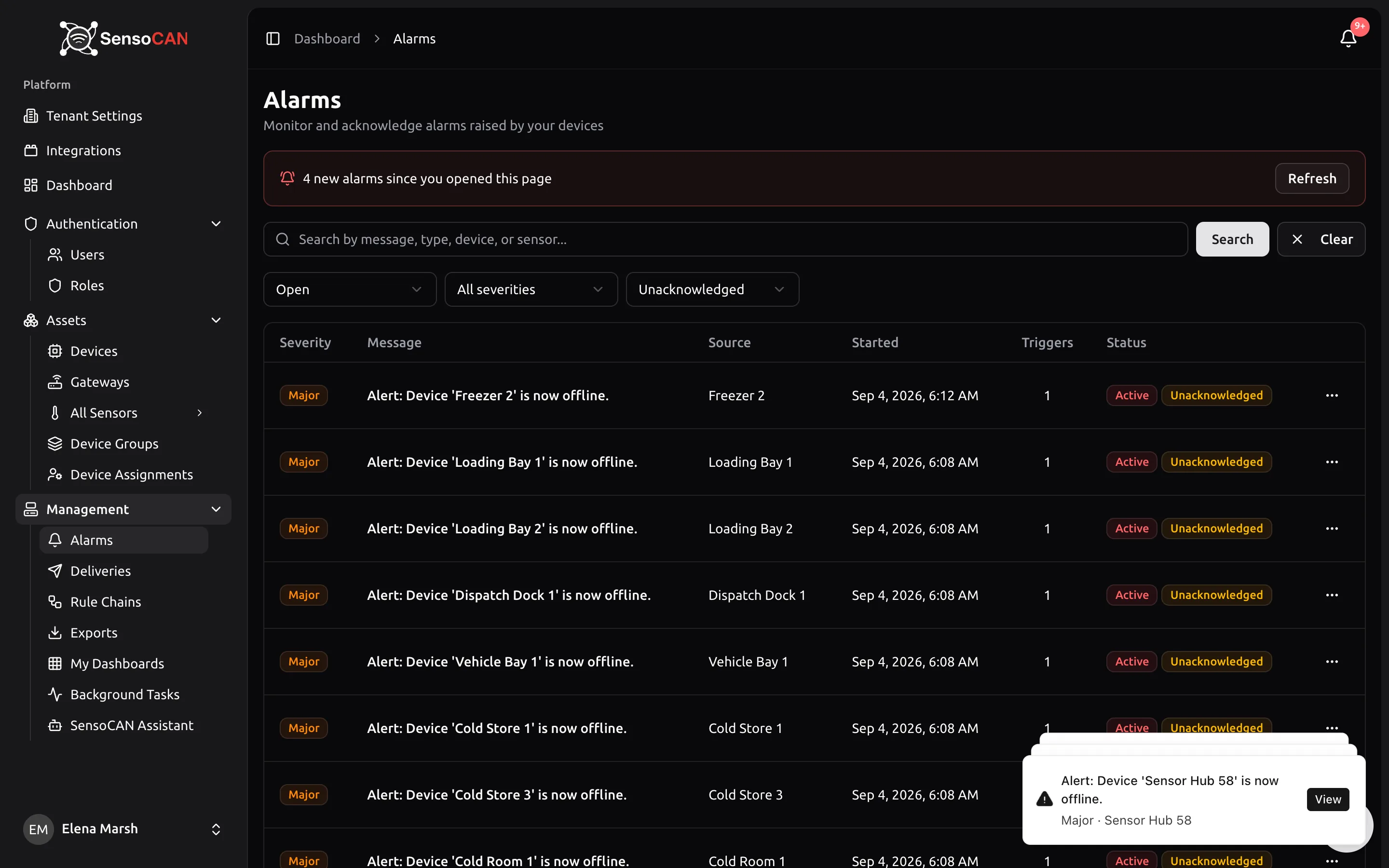 The header alarm bell with a red unacknowledged count, its live toast for a newly raised Critical alarm showing severity, source and the View button, and the Alarms page behind it with the new-alarms banner and its Refresh button.