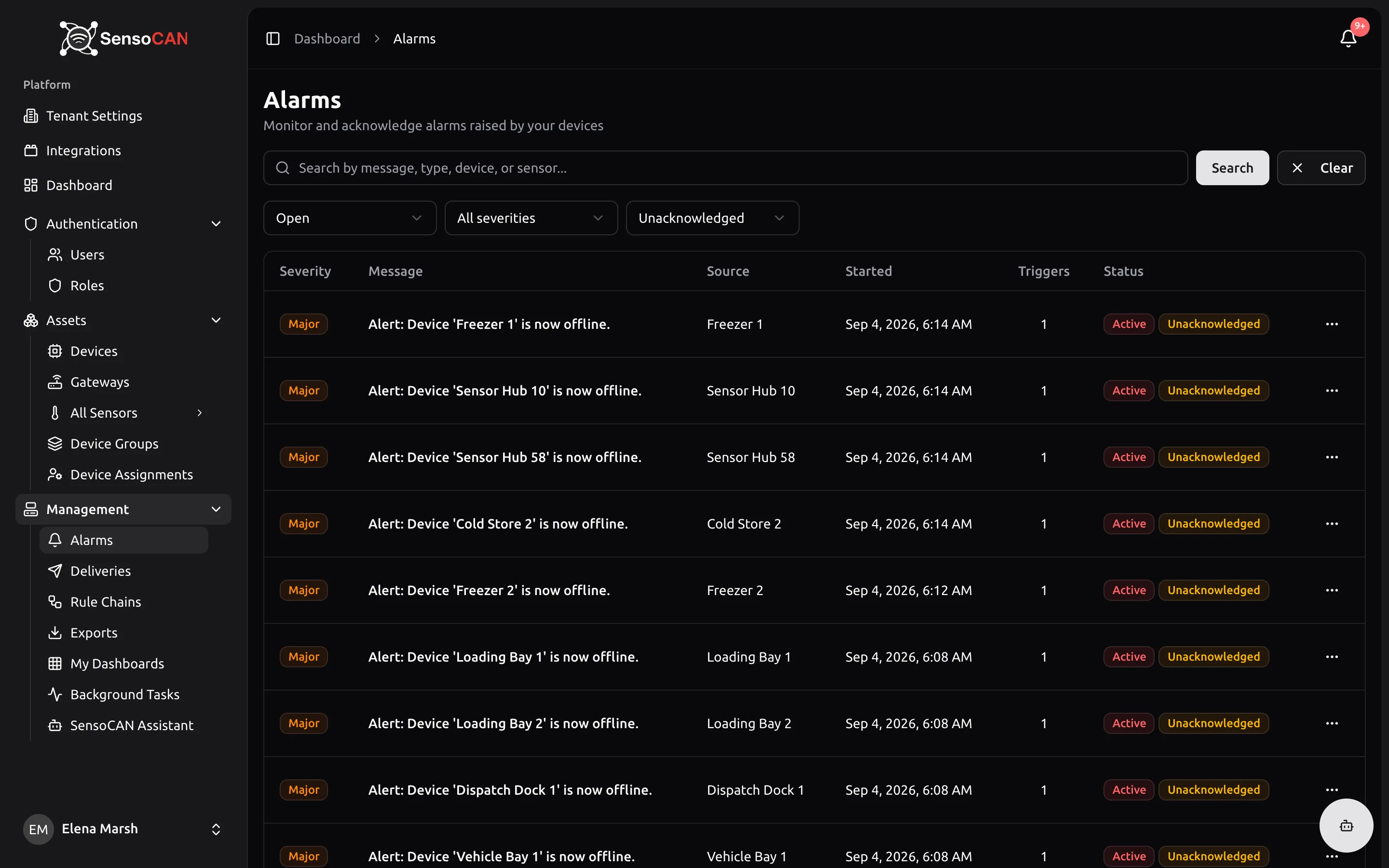 The Alarms page filtered to Open, showing rows with Severity, Message, Source, Started, Triggers and a Status cell carrying both an Active badge and an Unacknowledged badge, with one row's menu open on Acknowledge.