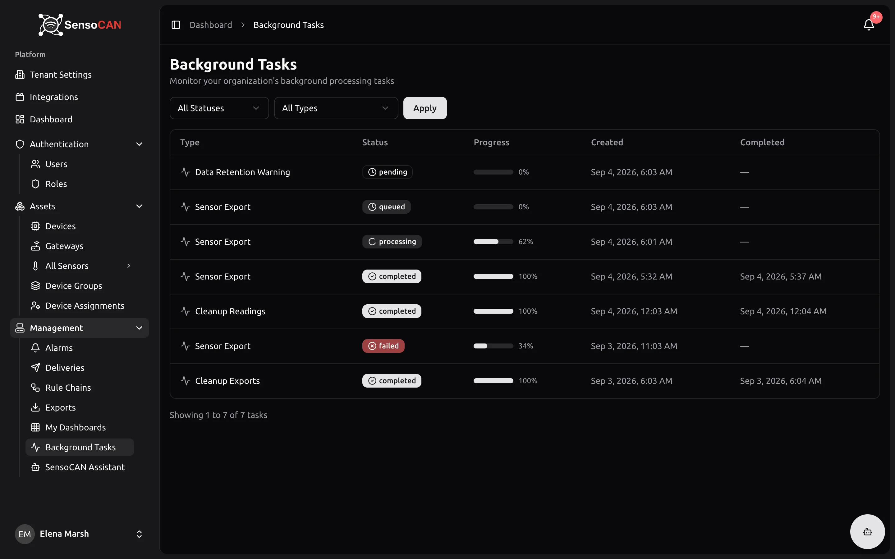 The Background Tasks list with status and type filters and a task in progress