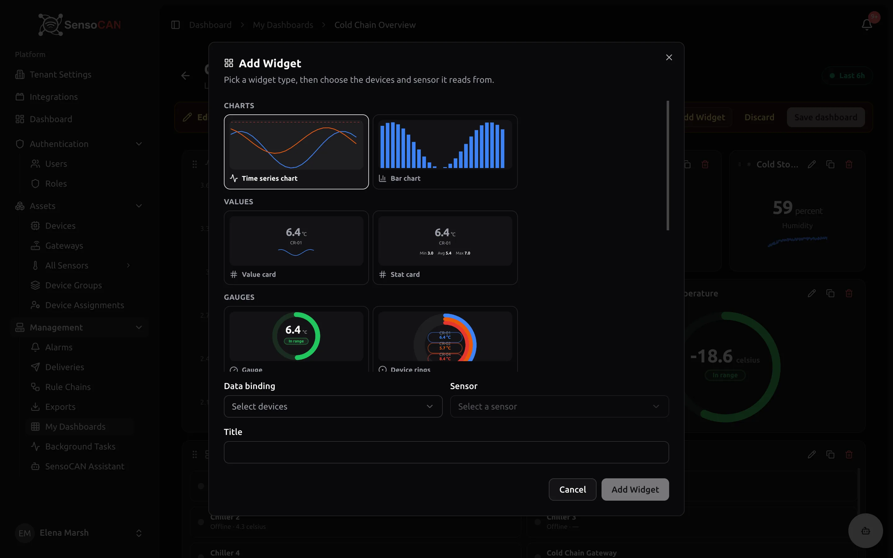 The Add Widget library showing the Charts, Values, Gauges, Alarms, Status and Tables categories with sample previews