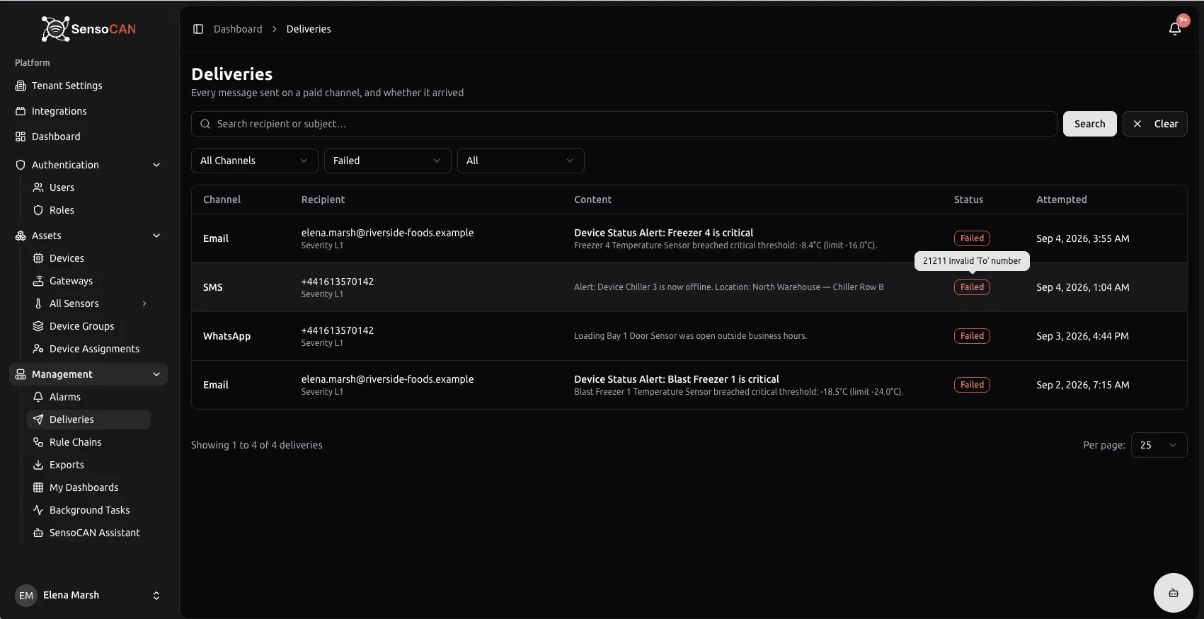 The Deliveries page filtered to Failed, showing Channel, Recipient with its Severity L1 label, Content, a red Failed status badge with its hover reason visible, and the Attempted column.