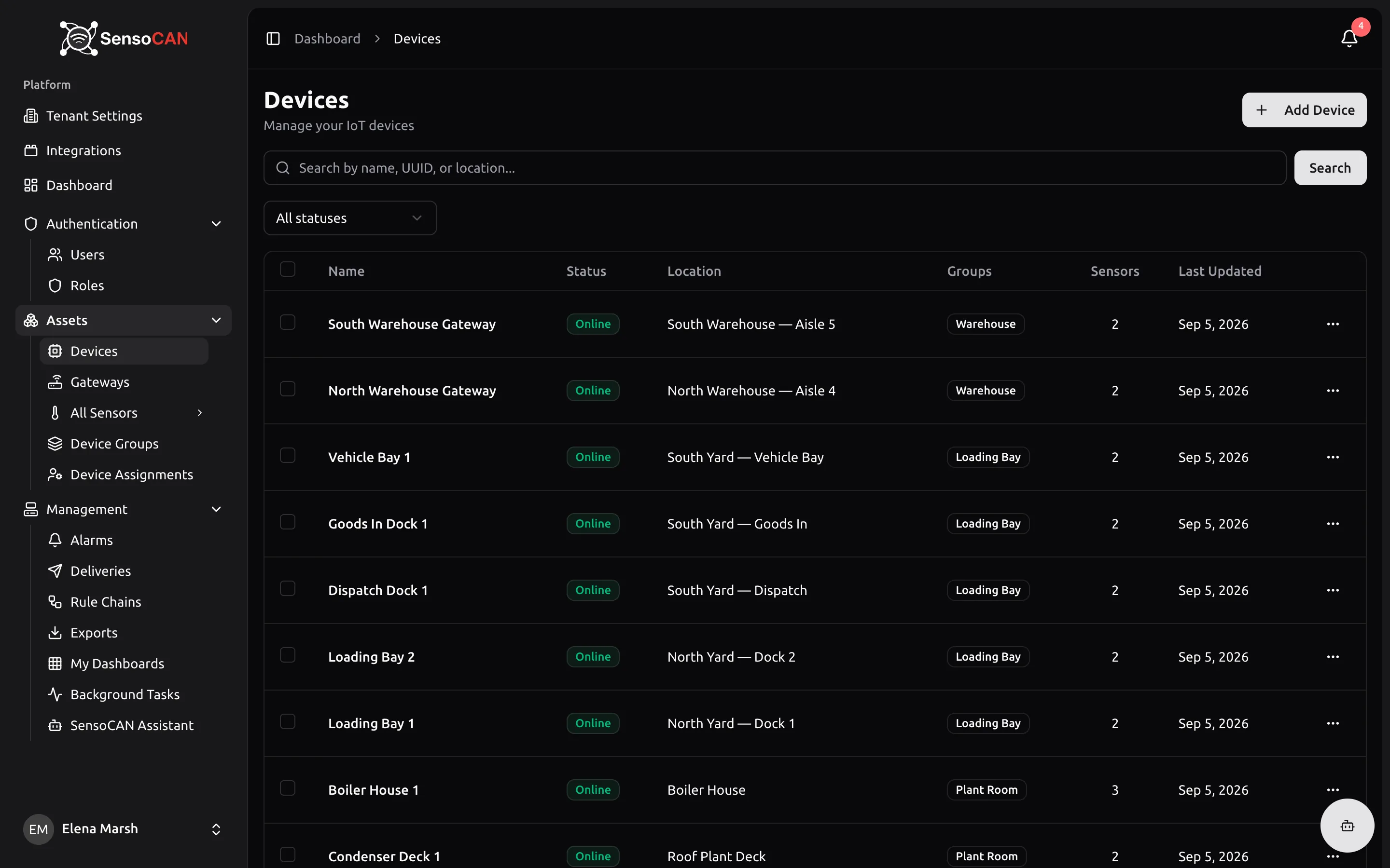 The Devices list at Assets → Devices with several devices in view: the search box, the status filter, the sortable Name, Status and Last Updated columns, group badges in the Groups column, and the Add Device button in the header.