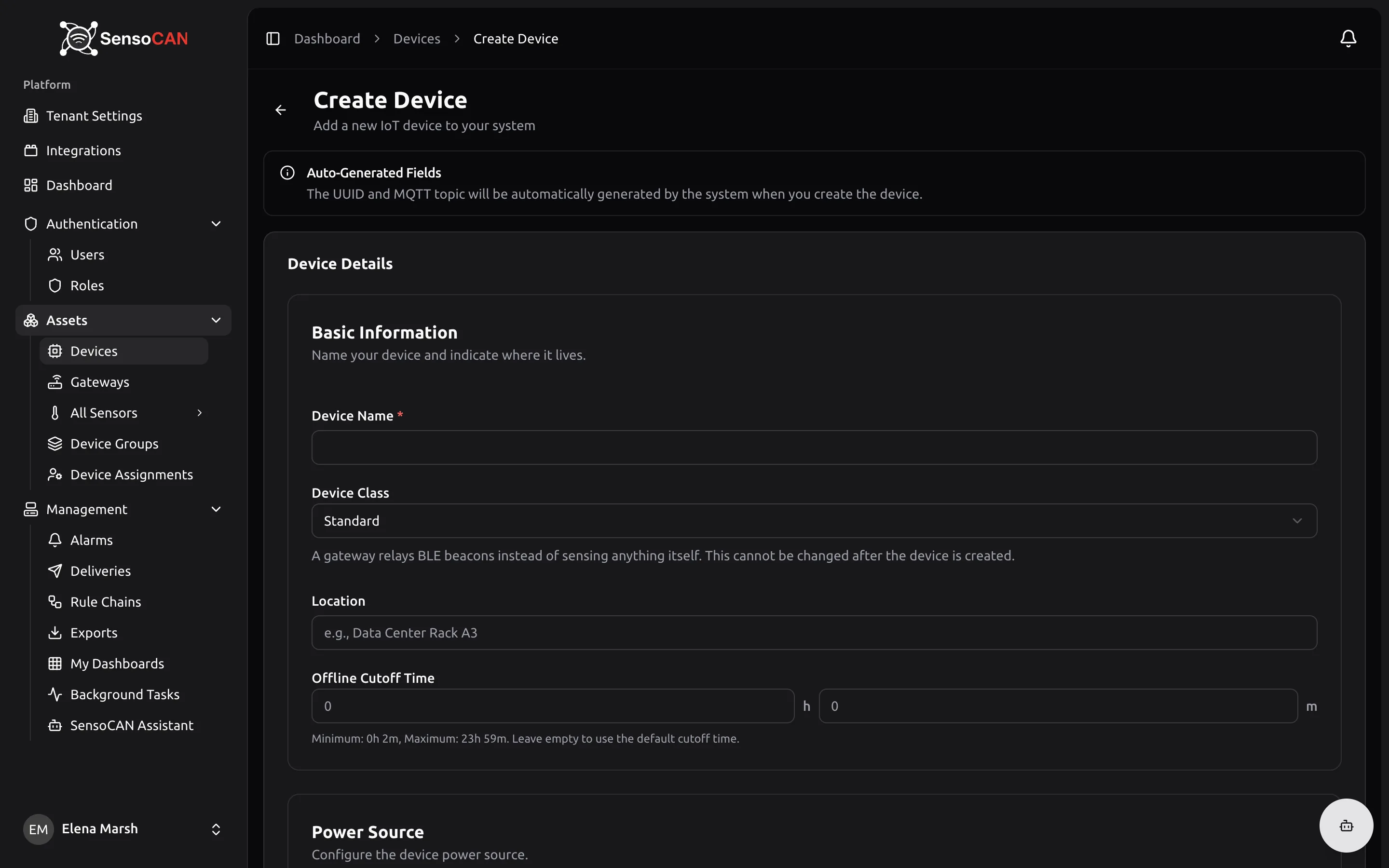 The Create Device page reached from Devices → Add Device: the Auto-Generated Fields notice at the top, then Basic Information with Device Name, Device Class set to Standard, Location and the Offline Cutoff Time duration input with its minimum and maximum help text, and the Power Source card beginning below.