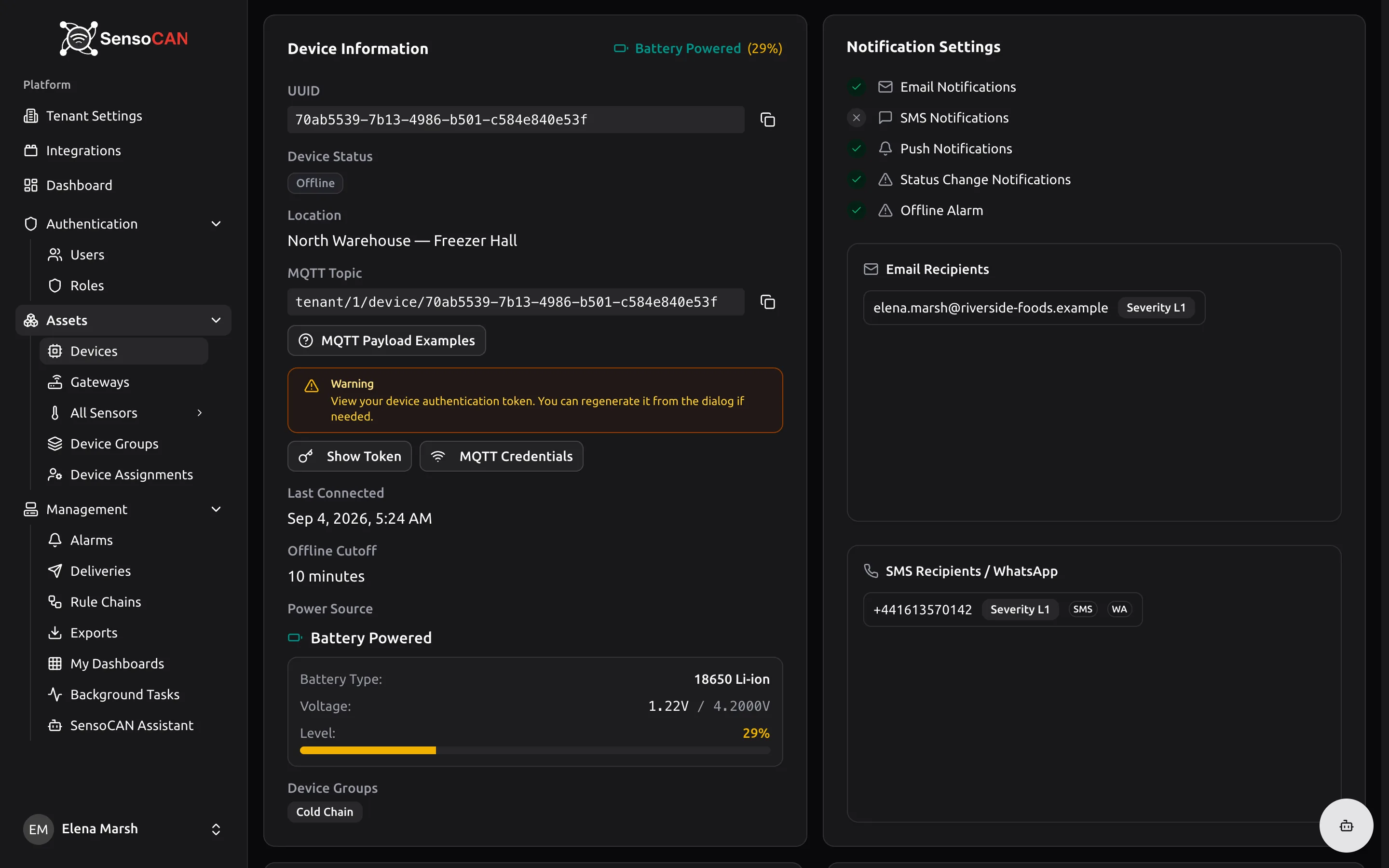 The Device Details page for a standard device, scrolled to show the Device Information card with the UUID and its copy button, the Device Status badge, the MQTT Topic row, the amber Show Token and MQTT Credentials panel, Last Connected, Offline Cutoff and the battery level bar.