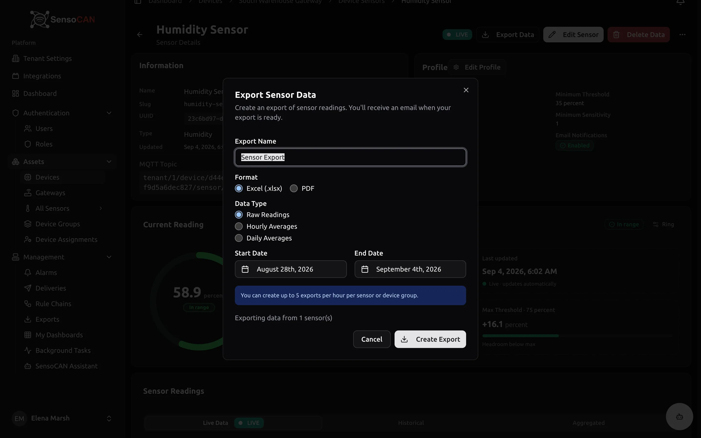 The Export Sensor Data dialog with name, format, data type and date range fields