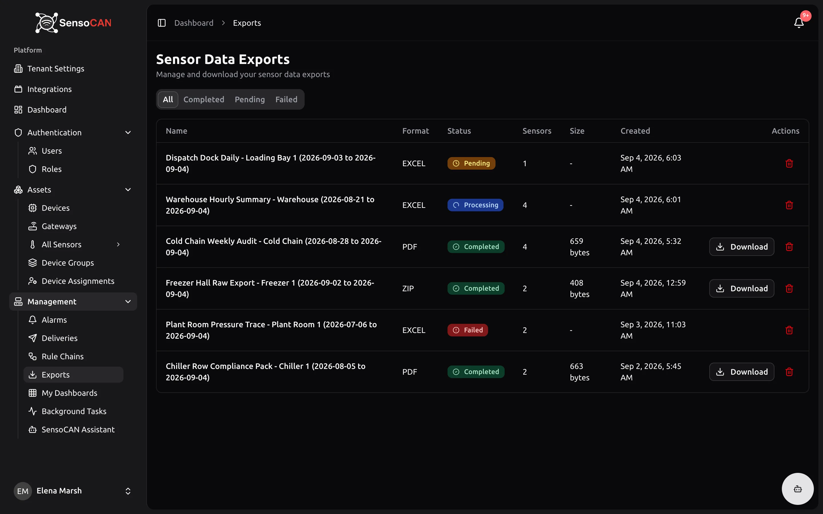 The Sensor Data Exports list with status badges and the Download action