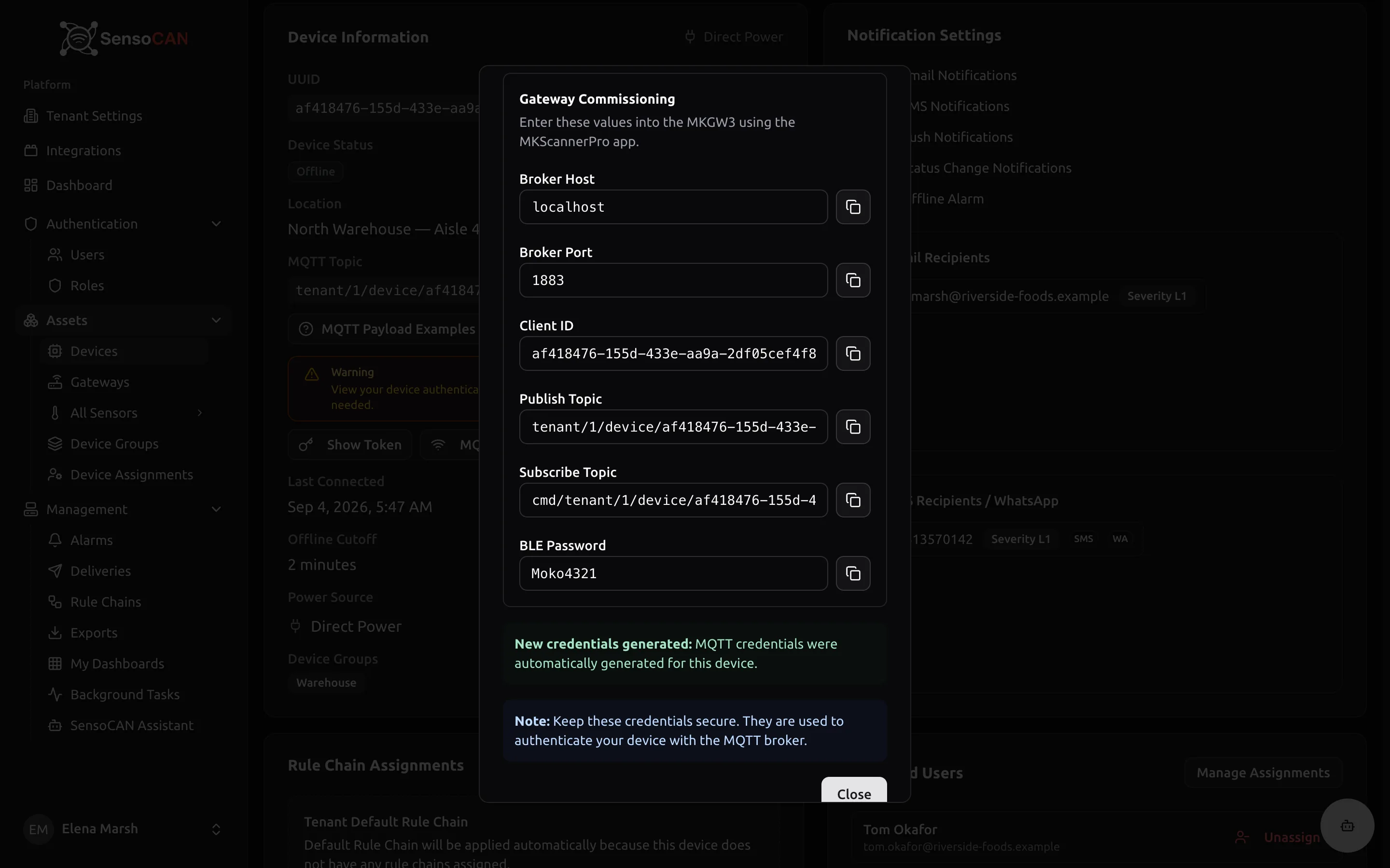 The MQTT Credentials dialog on a gateway-class device, scrolled to the Gateway Commissioning section: Broker Host, Broker Port, Client ID, Publish Topic, Subscribe Topic and BLE Password, each with its copy button.