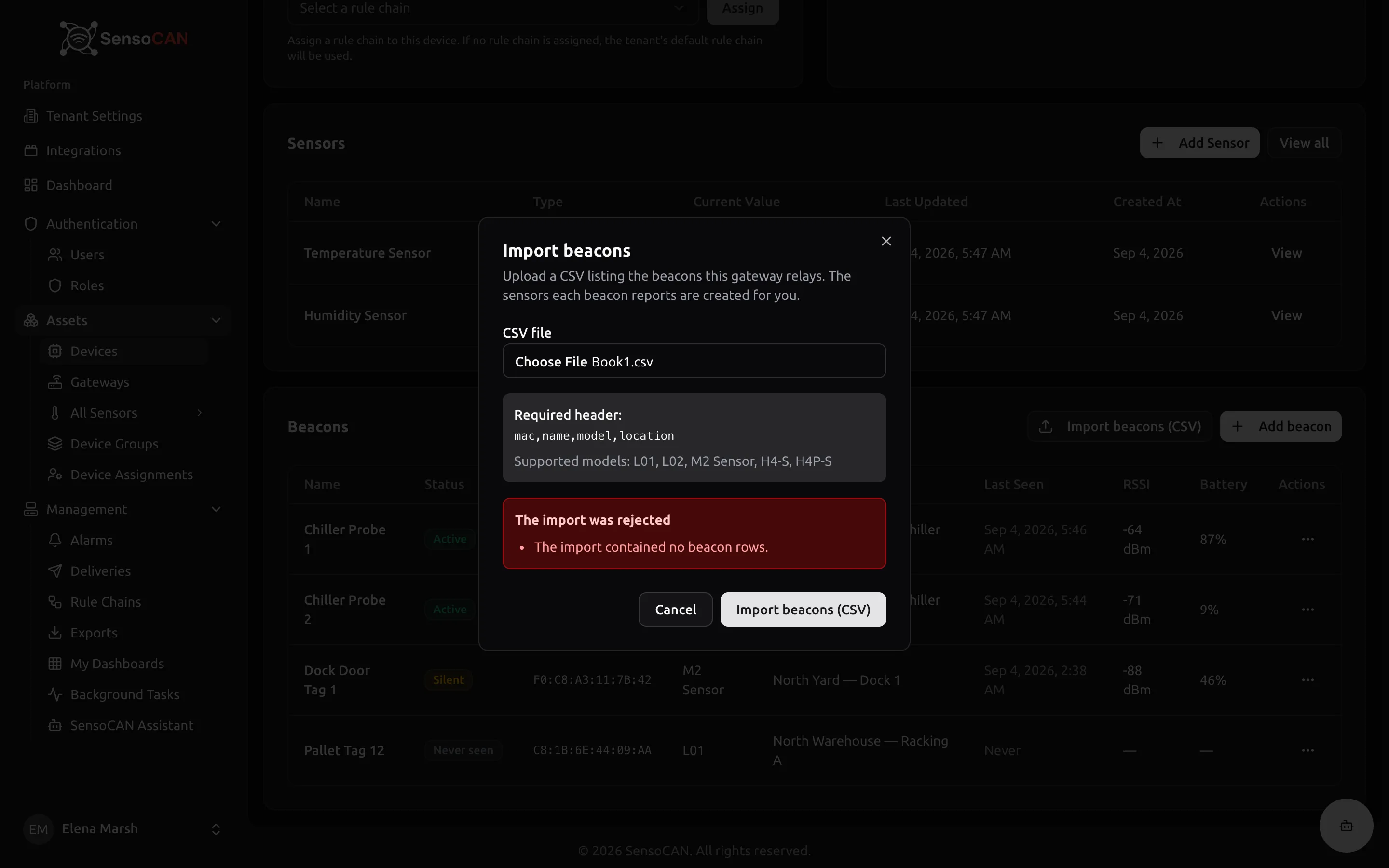 The Import beacons dialog after a rejected upload: the CSV file field, the Required header line reading mac,name,model,location, the Supported models line, and The import was rejected panel listing two numbered line errors.
