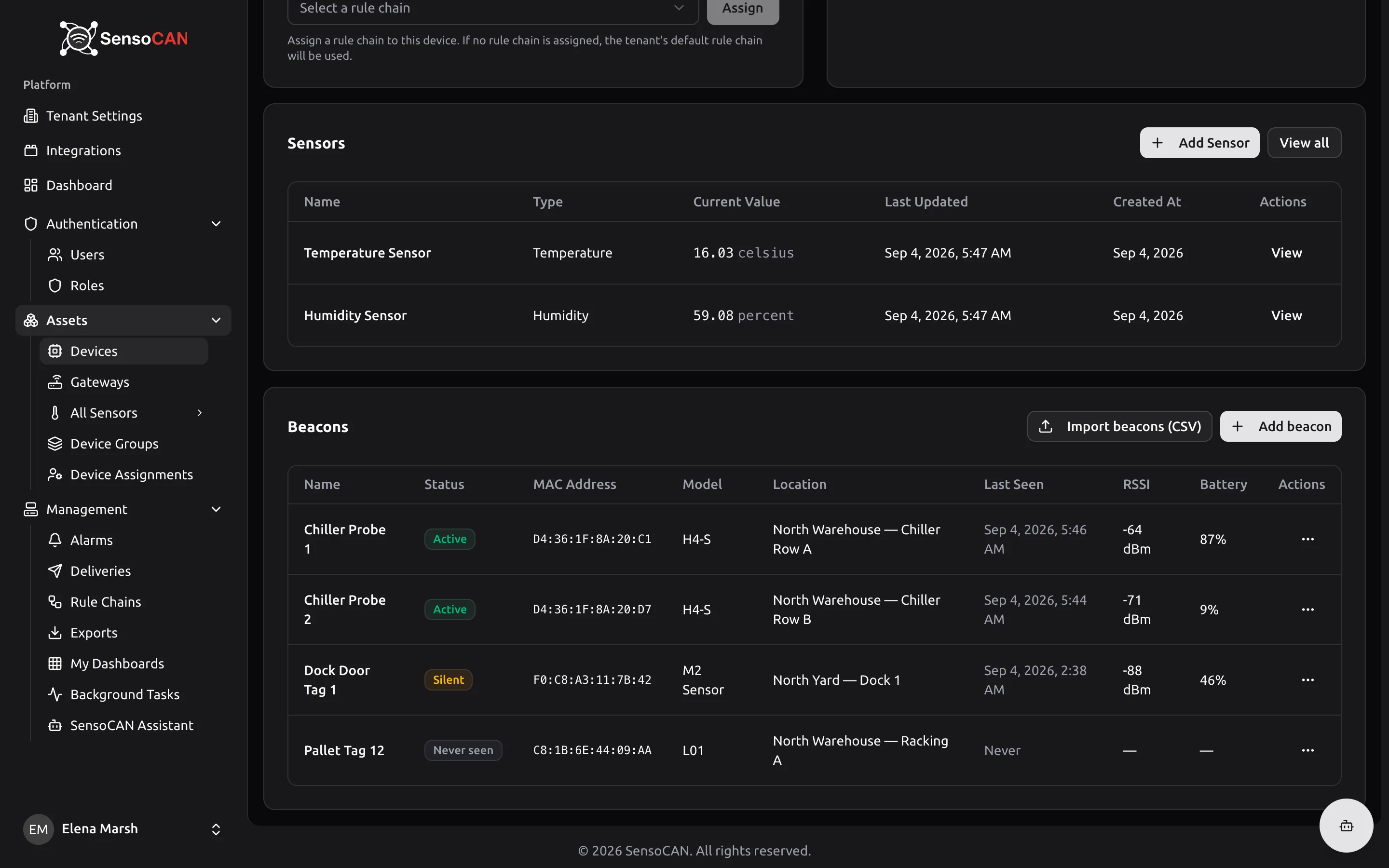 The Beacons card on a gateway's Device Details page listing four beacons: one Active with battery and RSSI values, one Silent, one Never seen, and the row menu open showing Edit and Delete.
