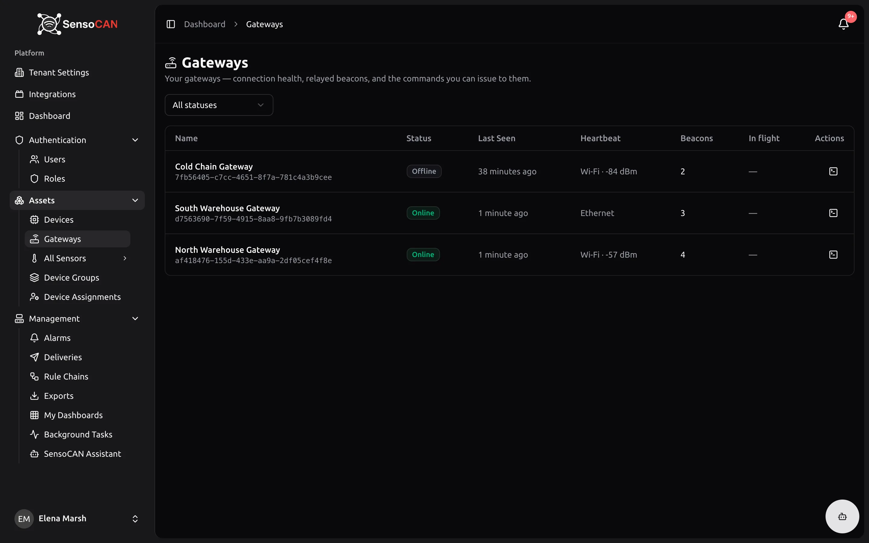 The Gateways page with the status filter set to All statuses, listing three gateways with Status, Last Seen, Heartbeat, Beacons count and In flight count, one row showing a pulsing in-flight command.