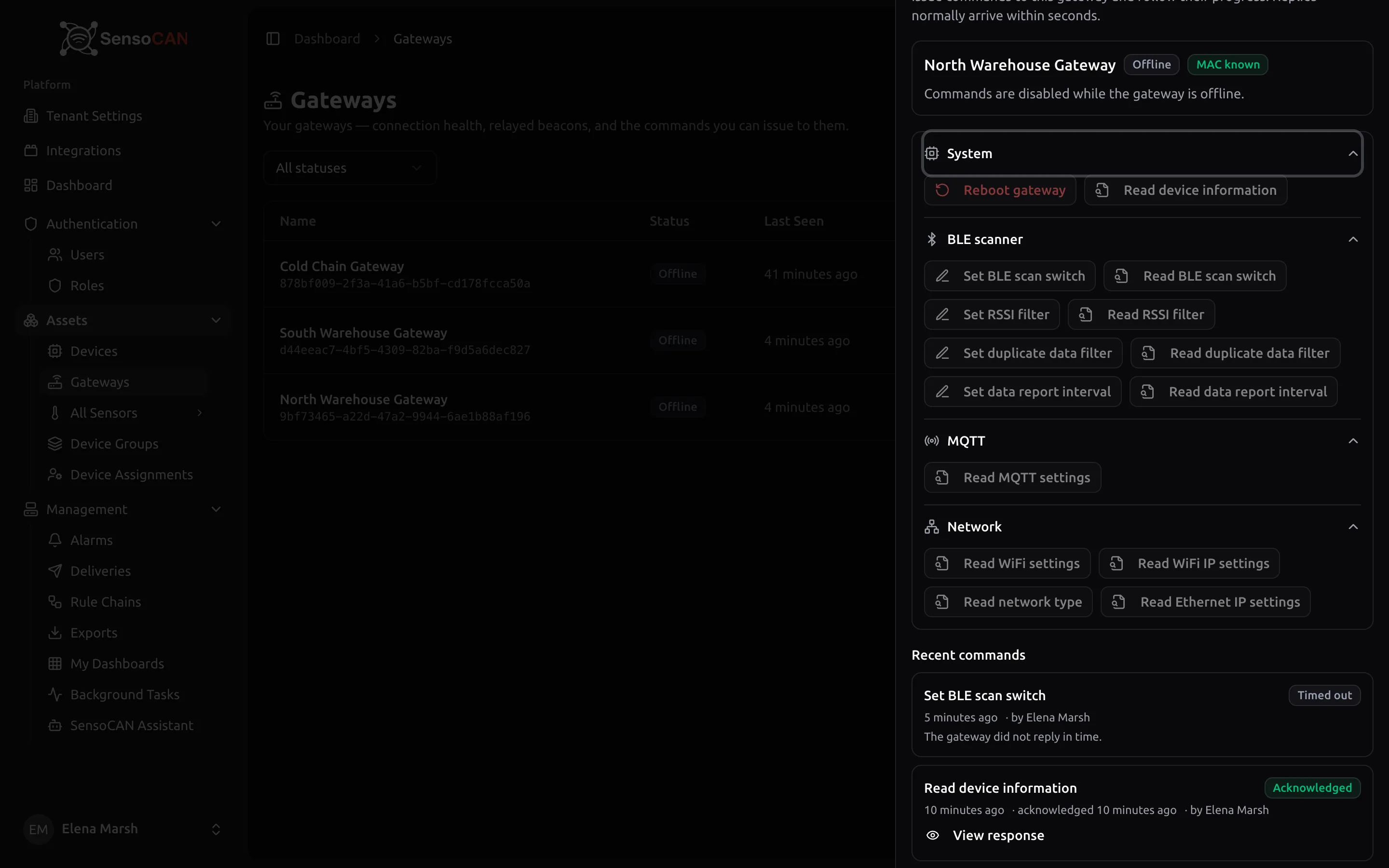 The Gateway commands drawer for an online gateway: the MAC known badge, the BLE scanner group expanded with its set and read commands, and the Recent commands list showing one Acknowledged command with a View response link and one Timed out.