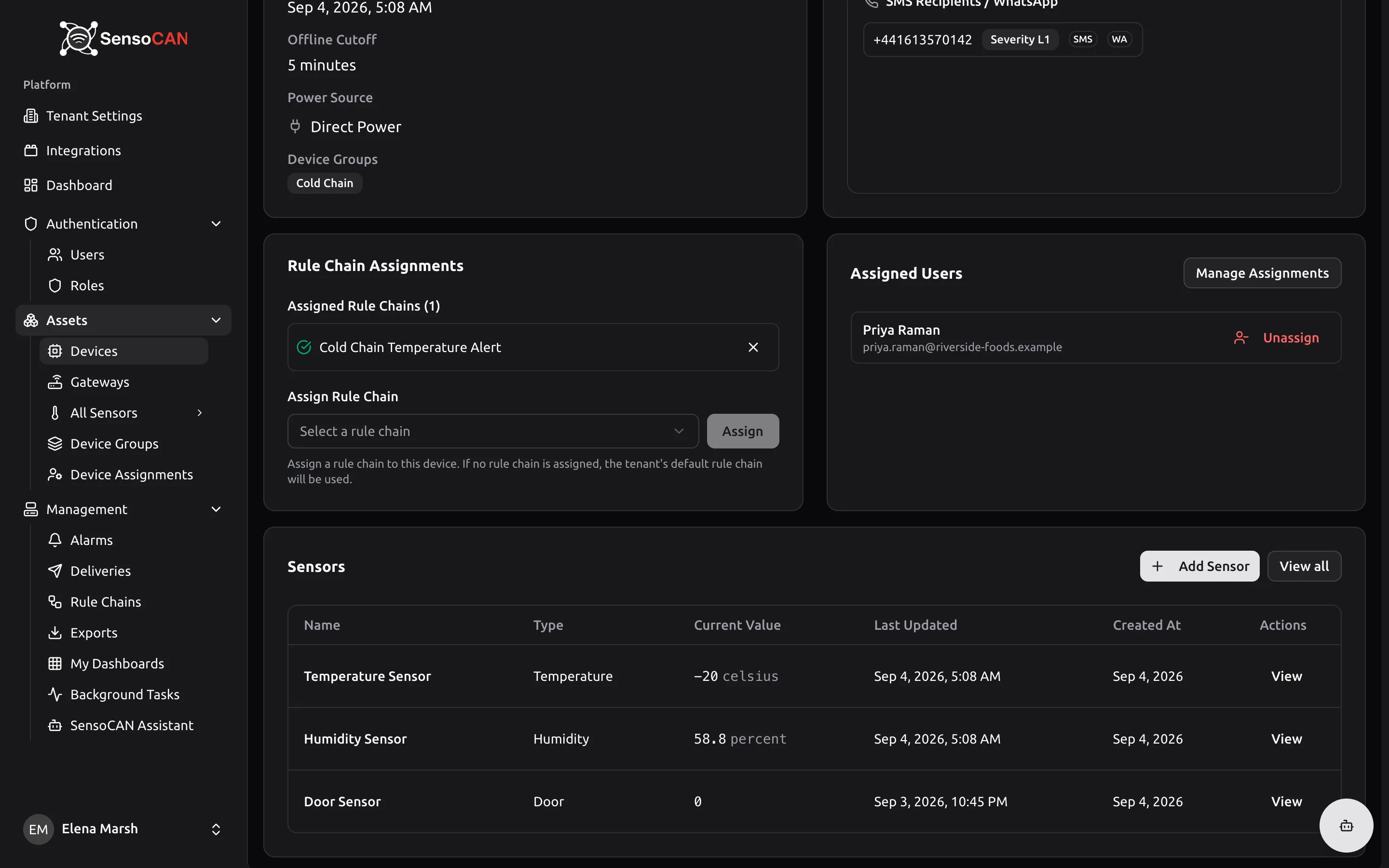 The Rule Chain Assignments card on a device page, showing the tenant-default notice, one assigned chain with its X button, and the Select a rule chain dropdown beside the Assign button.