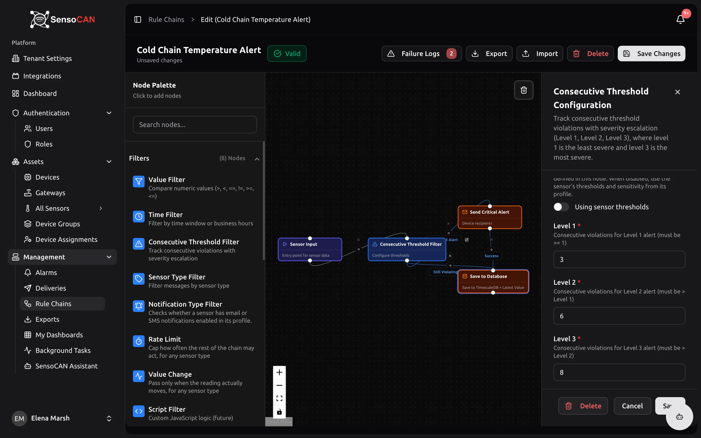 The rule chain editor: toolbar with Unsaved changes and a Valid chip, Node Palette expanded on Filters and Actions, four connected nodes on the canvas, and a node configuration panel open on the right.