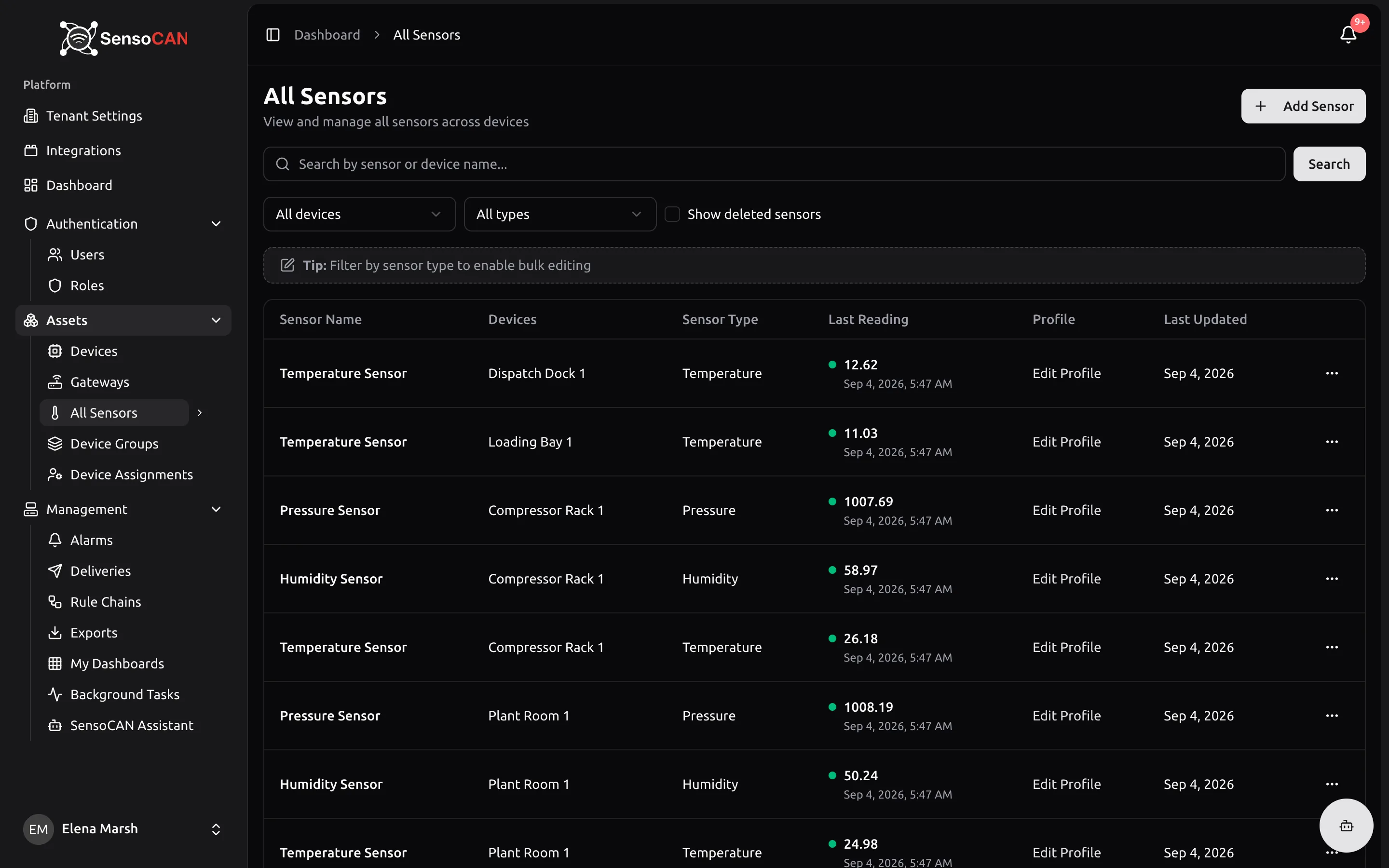 The All Sensors page filtered to one sensor type, with the device and type dropdowns set, the Show deleted sensors checkbox visible, green and grey activity dots in the Last Reading column, and the bulk selection bar showing sensors selected.